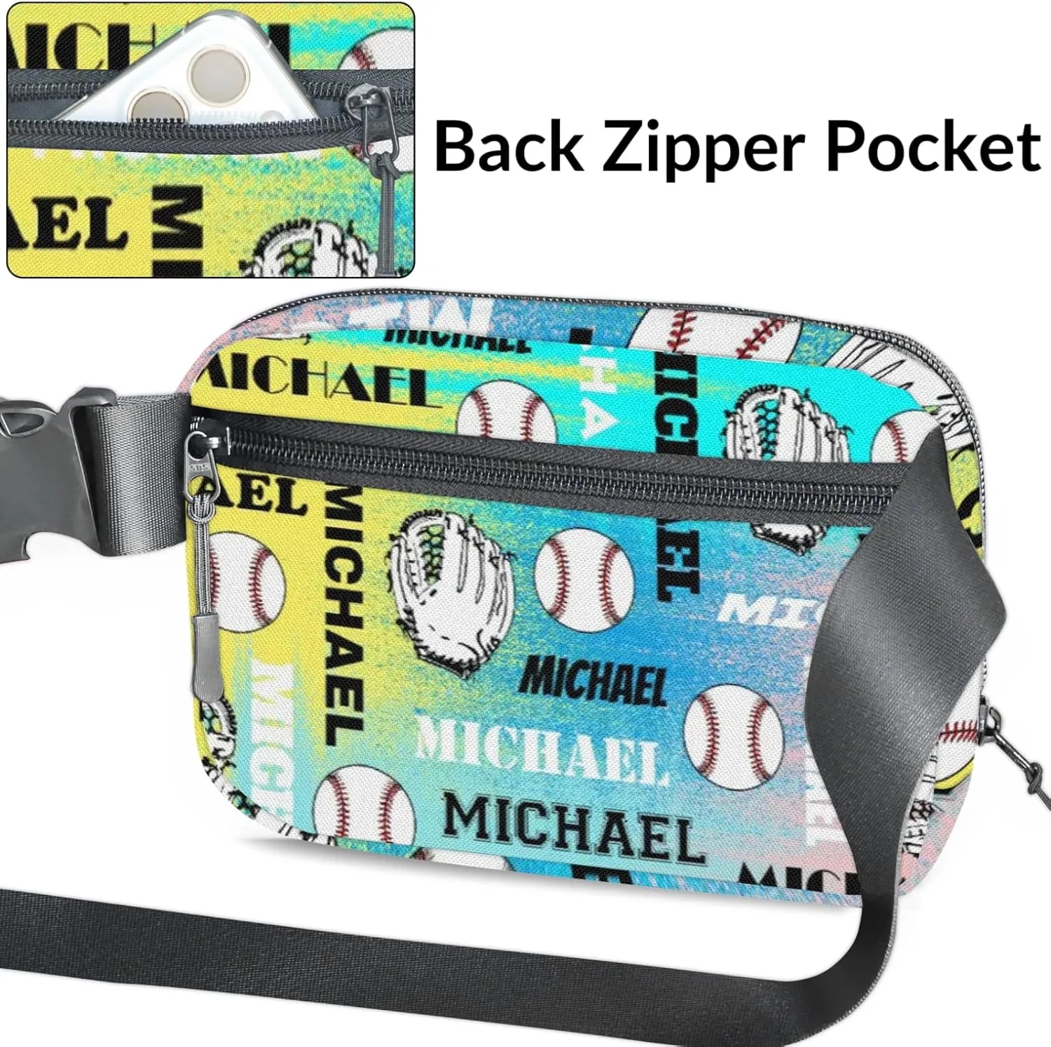 Personalized Baseball Fanny Pack, Custom Name Waist Packs Crossbody Belt Bag with Adjustable Strap for Sports Travel Workout Running Hiking, Blue Yellow Pinks