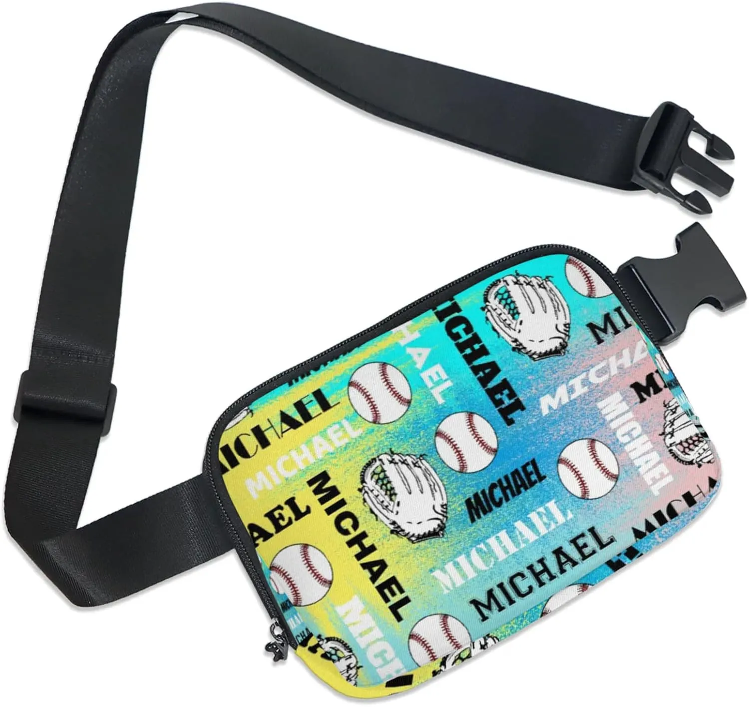 Personalized Baseball Fanny Pack, Custom Name Waist Packs Crossbody Belt Bag with Adjustable Strap for Sports Travel Workout Running Hiking, Blue Yellow Pinks
