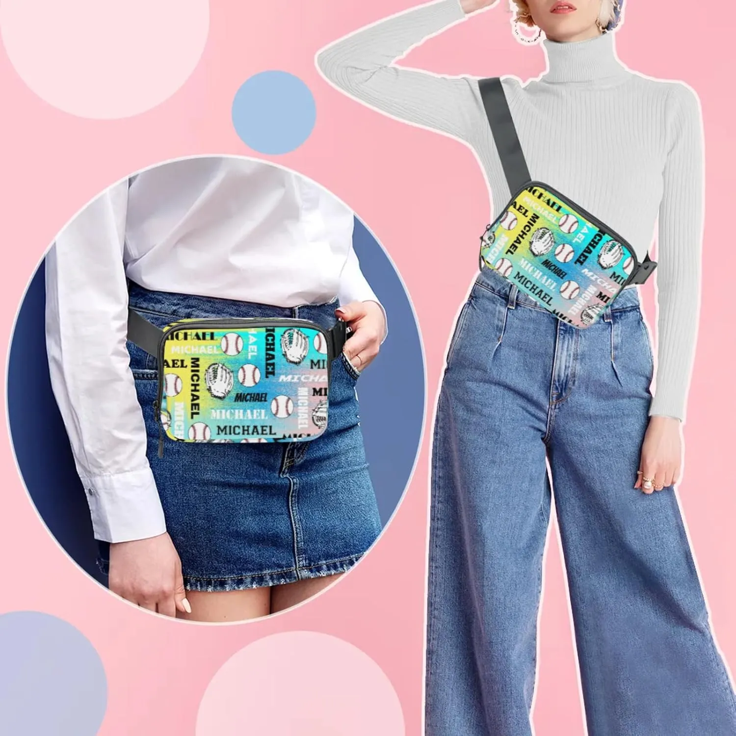 Personalized Baseball Fanny Pack, Custom Name Waist Packs Crossbody Belt Bag with Adjustable Strap for Sports Travel Workout Running Hiking, Blue Yellow Pinks