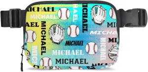Personalized Baseball Fanny Pack, Custom Name Waist Packs Crossbody Belt Bag with Adjustable Strap for Sports Travel Workout Running Hiking, Blue Yellow Pinks