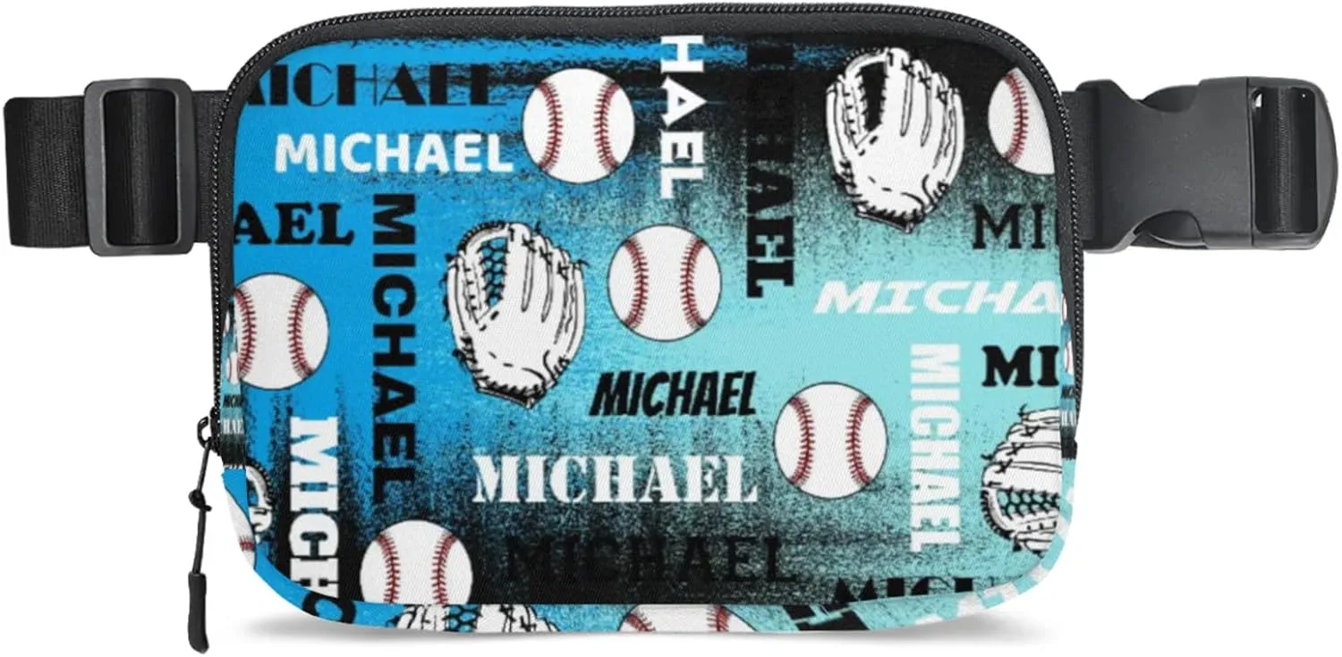 Personalized Baseball Fanny Pack, Custom Name Waist Packs Crossbody Belt Bag with Adjustable Strap for Sports Travel Workout Running Hiking, Blue