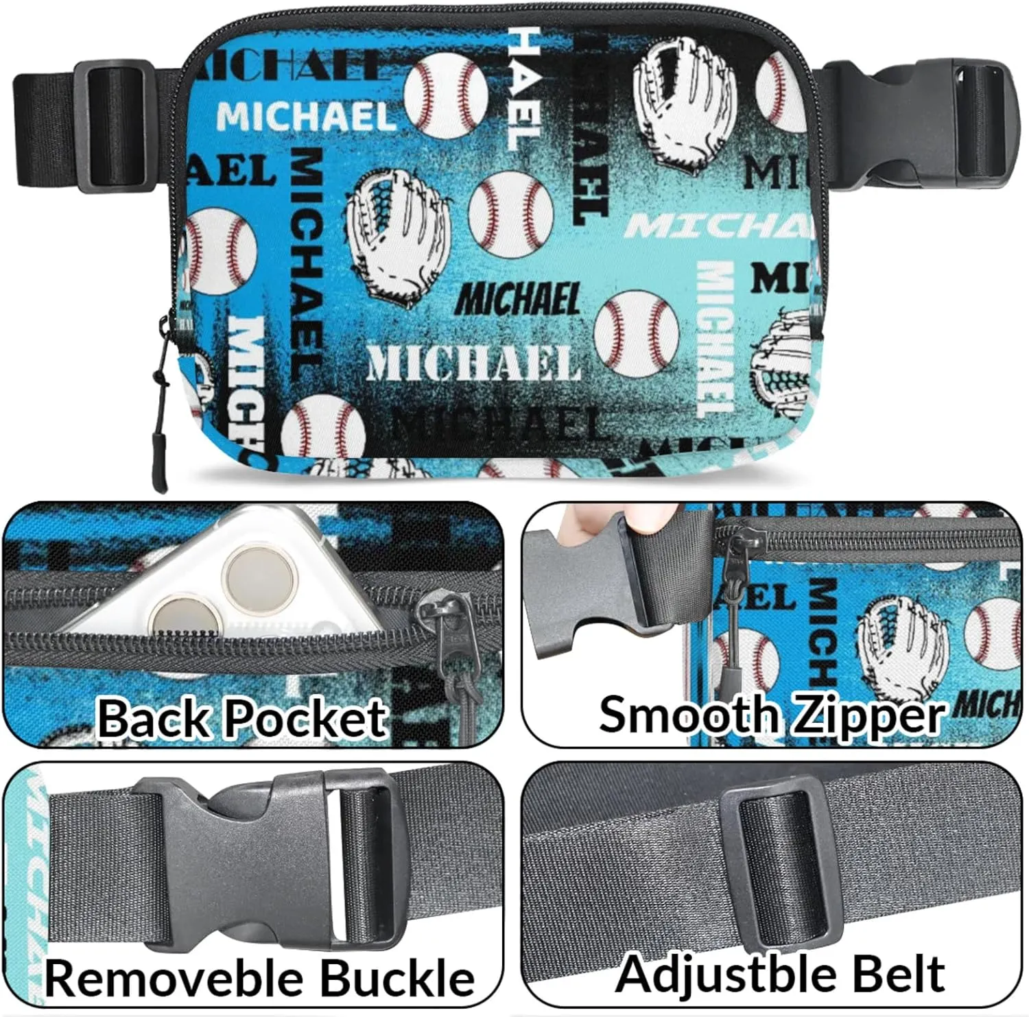 Personalized Baseball Fanny Pack, Custom Name Waist Packs Crossbody Belt Bag with Adjustable Strap for Sports Travel Workout Running Hiking, Blue
