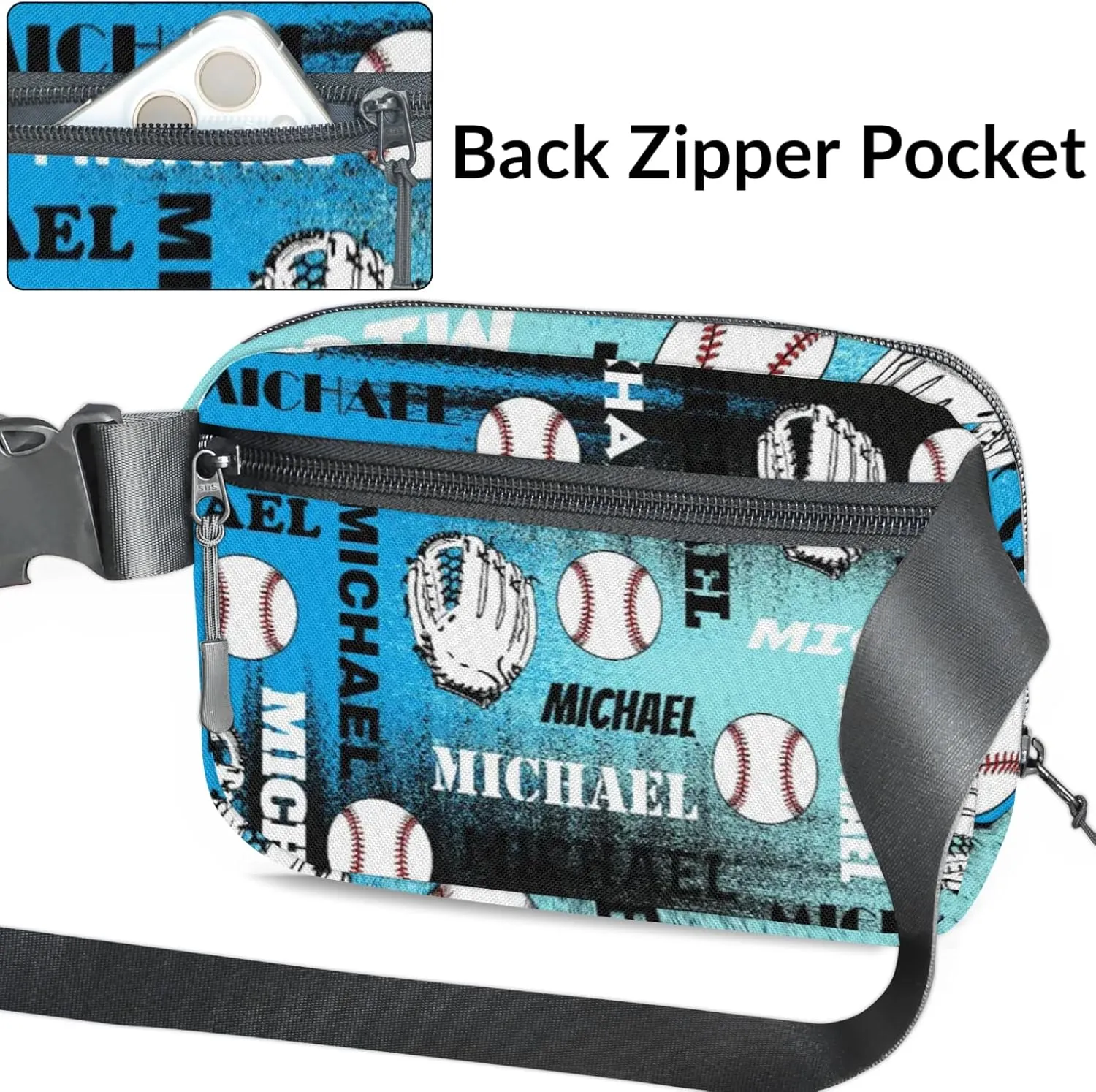 Personalized Baseball Fanny Pack, Custom Name Waist Packs Crossbody Belt Bag with Adjustable Strap for Sports Travel Workout Running Hiking, Blue