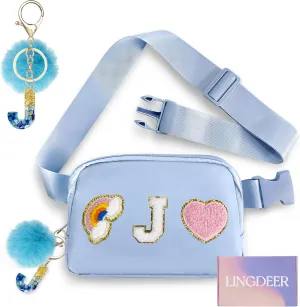 Personalized Belt Bag with Keychain, Fanny Pack for Girls Women, Initial Birthday Gifts for Teen Girls Mom, Crossbody Bag, Small Waist Packs, Travel Essential Preppy Gifts (Blue J)