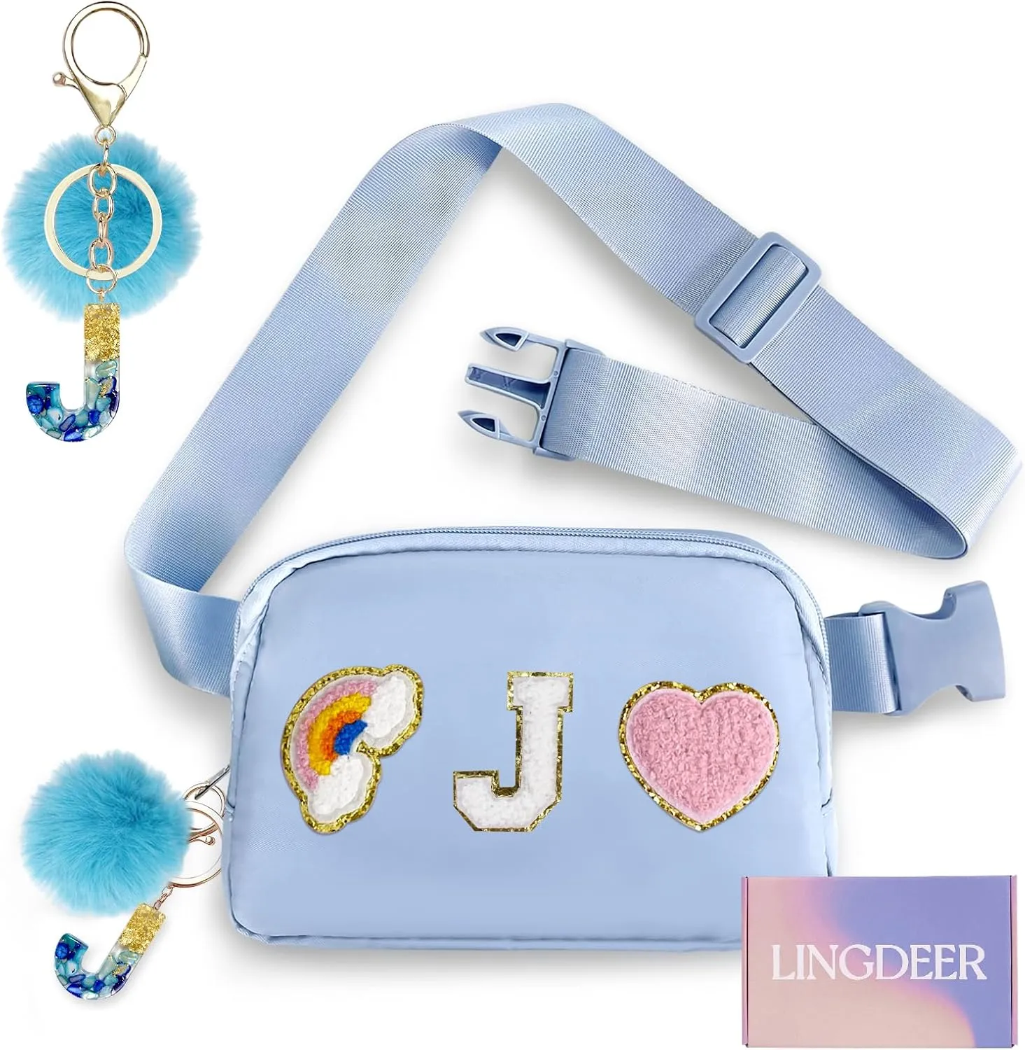 Personalized Belt Bag with Keychain, Fanny Pack for Girls Women, Initial Birthday Gifts for Teen Girls Mom, Crossbody Bag, Small Waist Packs, Travel Essential Preppy Gifts (Blue J)