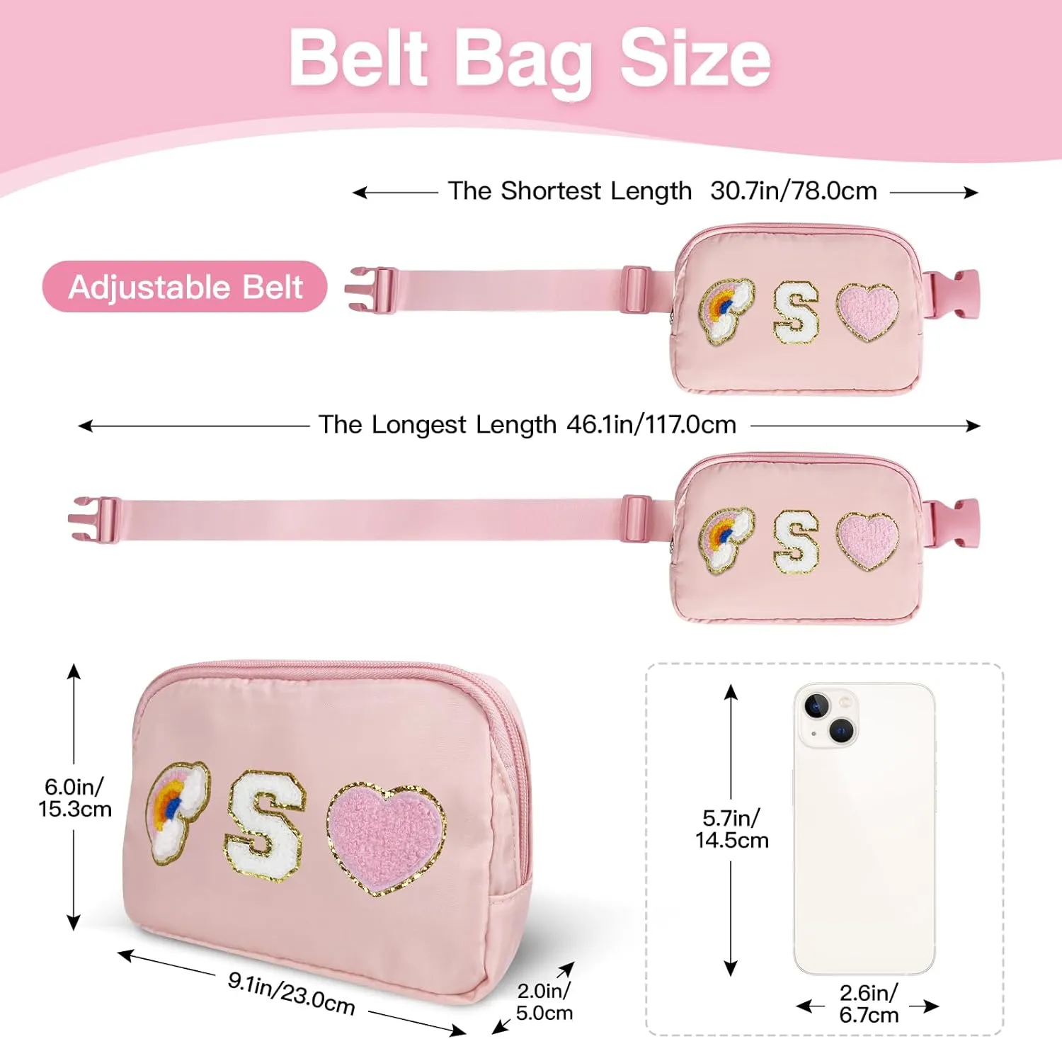 Personalized Belt Bag with Keychain, Fanny Pack for Girls Women, Initial Birthday Gifts for Teen Girls Mom, Crossbody Bag, Small Waist Packs, Travel Essential Preppy Gifts (Pink S)