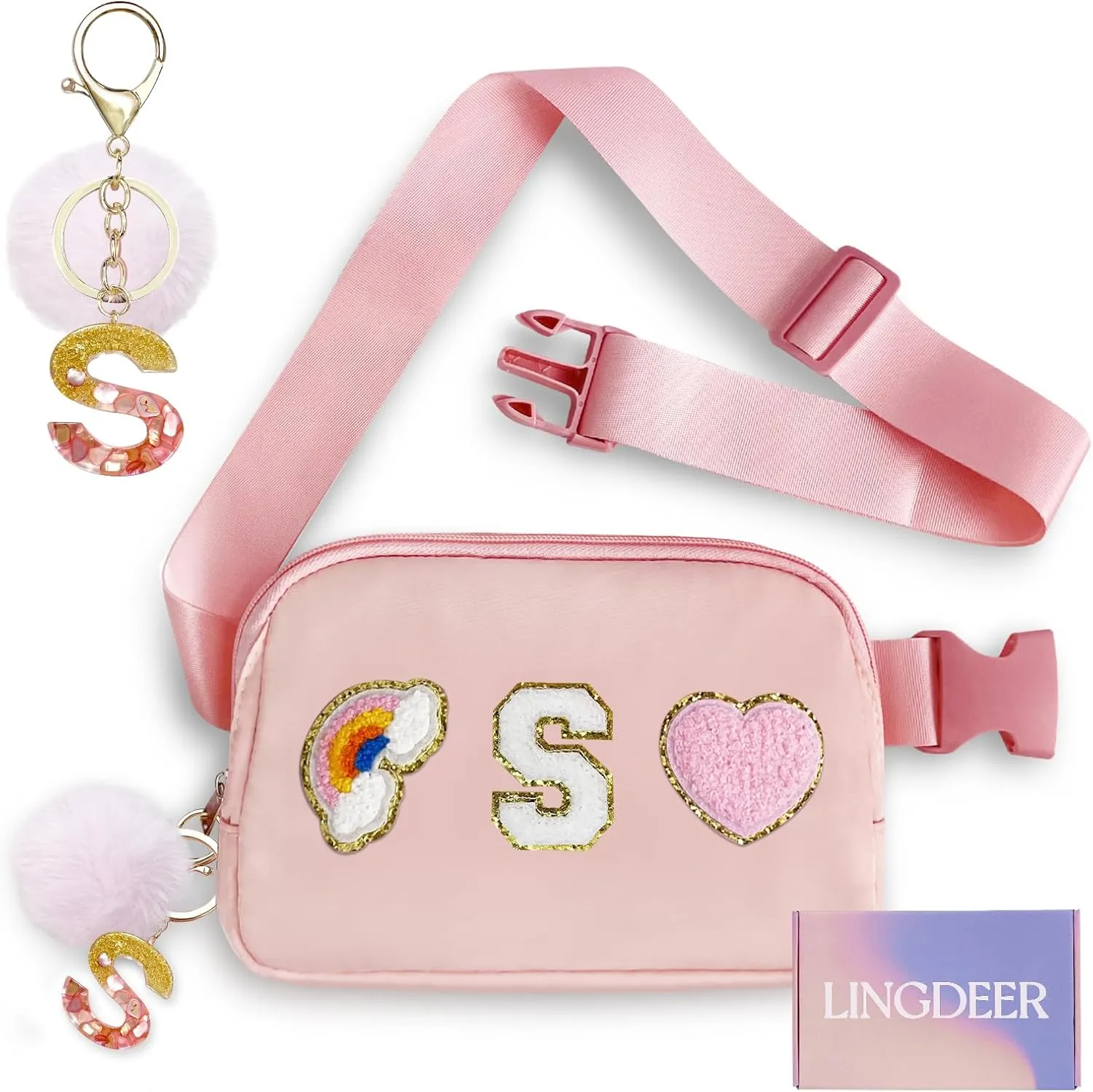 Personalized Belt Bag with Keychain, Fanny Pack for Girls Women, Initial Birthday Gifts for Teen Girls Mom, Crossbody Bag, Small Waist Packs, Travel Essential Preppy Gifts (Pink S)