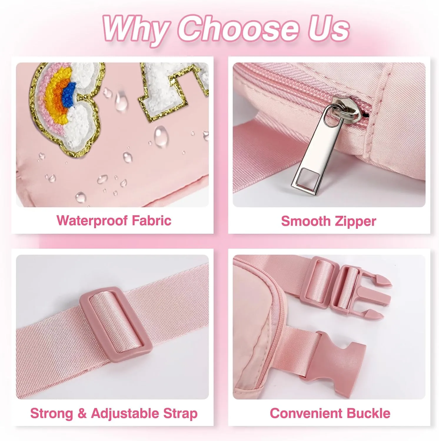 Personalized Belt Bag with Keychain, Fanny Pack for Girls Women, Initial Birthday Gifts for Teen Girls Mom, Crossbody Bag, Small Waist Packs, Travel Essential Preppy Gifts (Pink S)