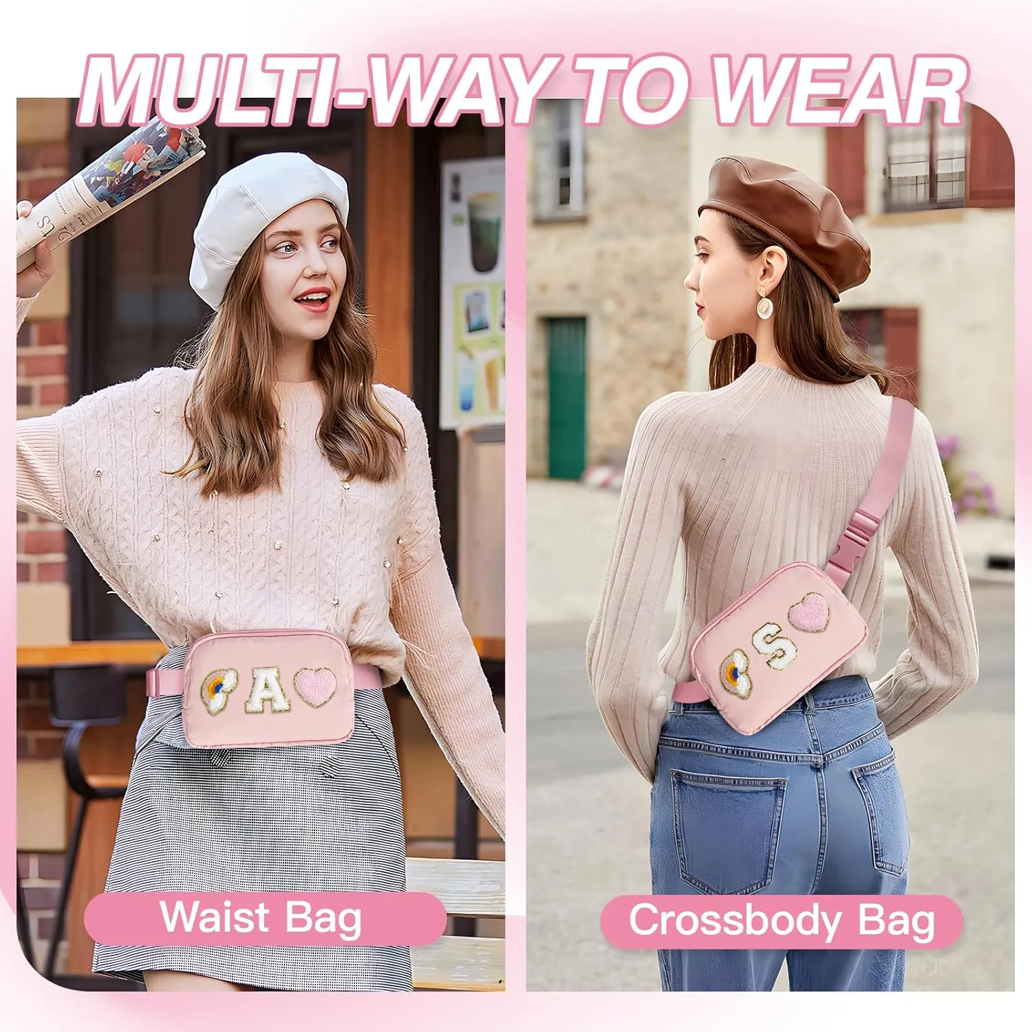 Personalized Belt Bag with Keychain, Fanny Pack for Girls Women, Initial Birthday Gifts for Teen Girls Mom, Crossbody Bag, Small Waist Packs, Travel Essential Preppy Gifts (Pink S)