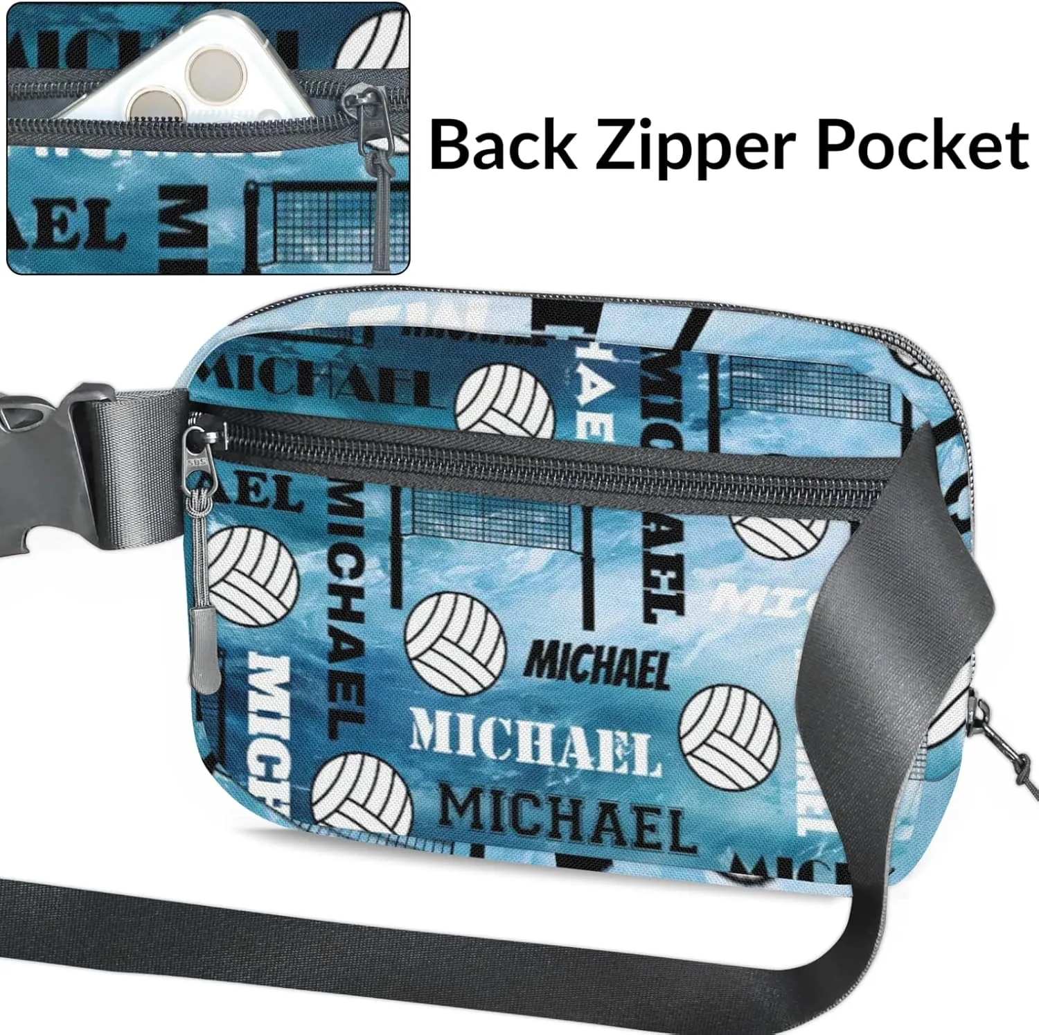 Personalized Volleyball Fanny Pack with Name, Custom Name Waist Packs Crossbody Belt Bag with Adjustable Strap for Sports Travel Workout Running Hiking, Blue Navy