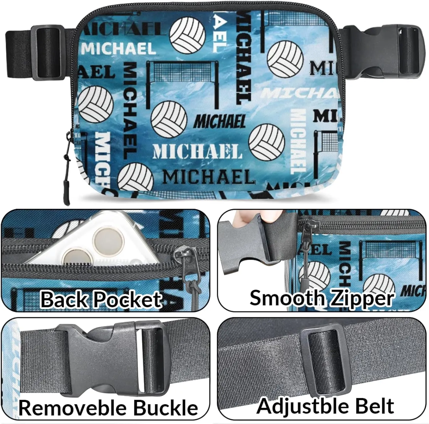 Personalized Volleyball Fanny Pack with Name, Custom Name Waist Packs Crossbody Belt Bag with Adjustable Strap for Sports Travel Workout Running Hiking, Blue Navy