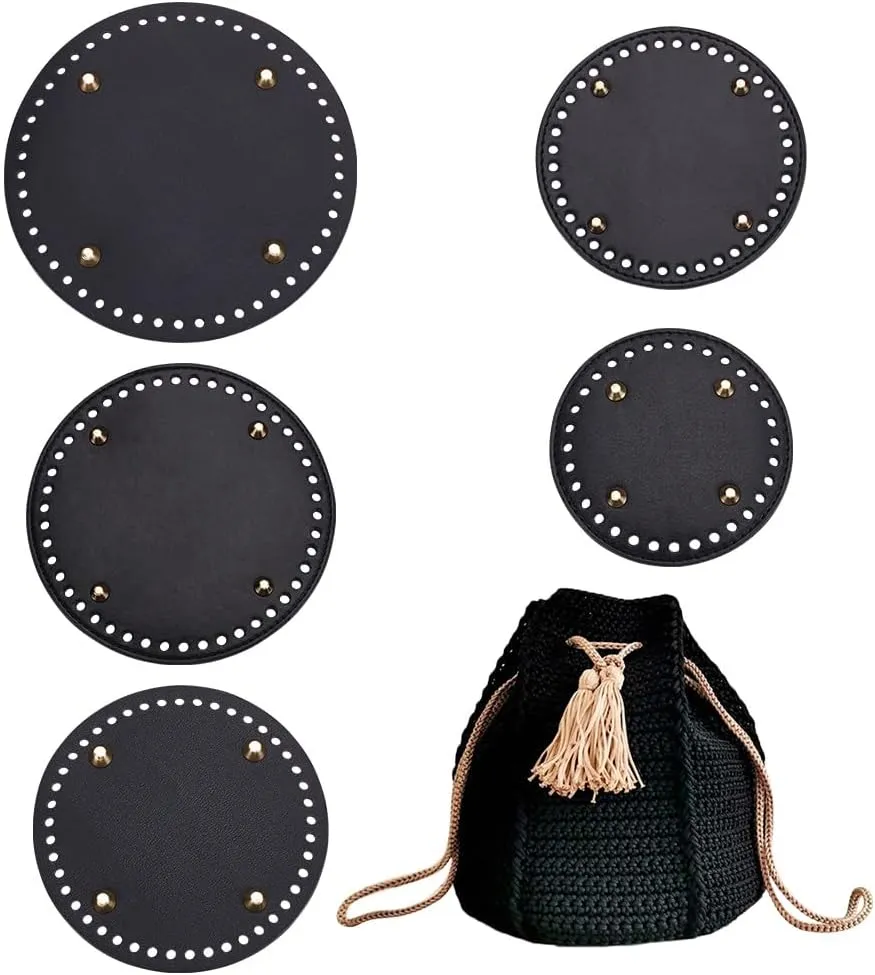 PH PandaHall 5 Pcs 5 Sizes Black PU Leather Bag Bottom Shaper, Round Crochet Bag Bottom with Holes, Knitting Bag Cushion Base Pad for Tote Handbag Shoulder Bags Purse Making, 4.8-7.4 Inch