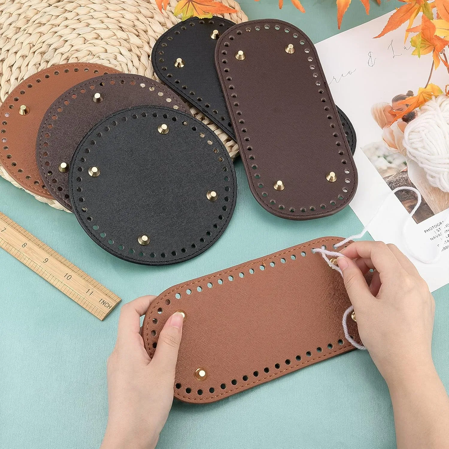 PH PandaHall 6pcs PU Leather Bag Bottom, 3 Colors 5.9" Round Bags Bottom Shaper Pad 8.6"x3.9" Oval Bag Cushion Base Bottom Shaper for DIY Knitting Crochet Bag Tote Bucket Handbag, Earthtone