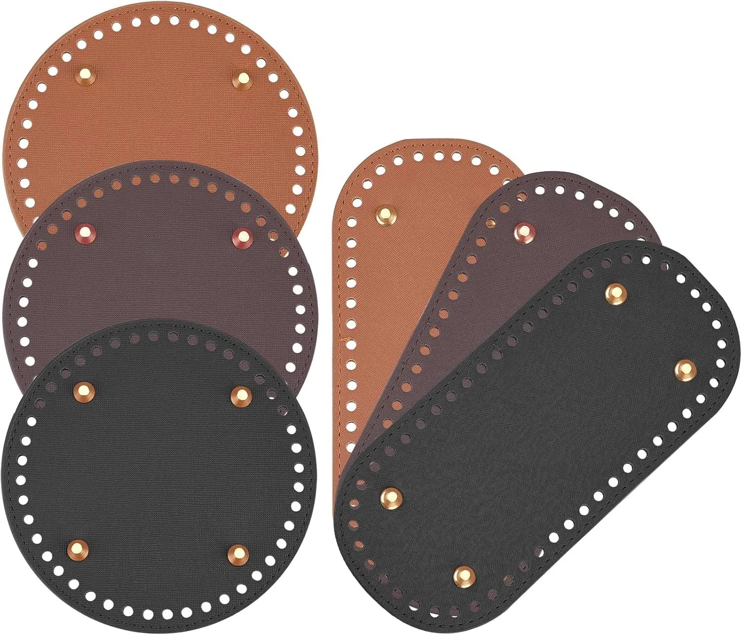 PH PandaHall 6pcs PU Leather Bag Bottom, 3 Colors 5.9" Round Bags Bottom Shaper Pad 8.6"x3.9" Oval Bag Cushion Base Bottom Shaper for DIY Knitting Crochet Bag Tote Bucket Handbag, Earthtone