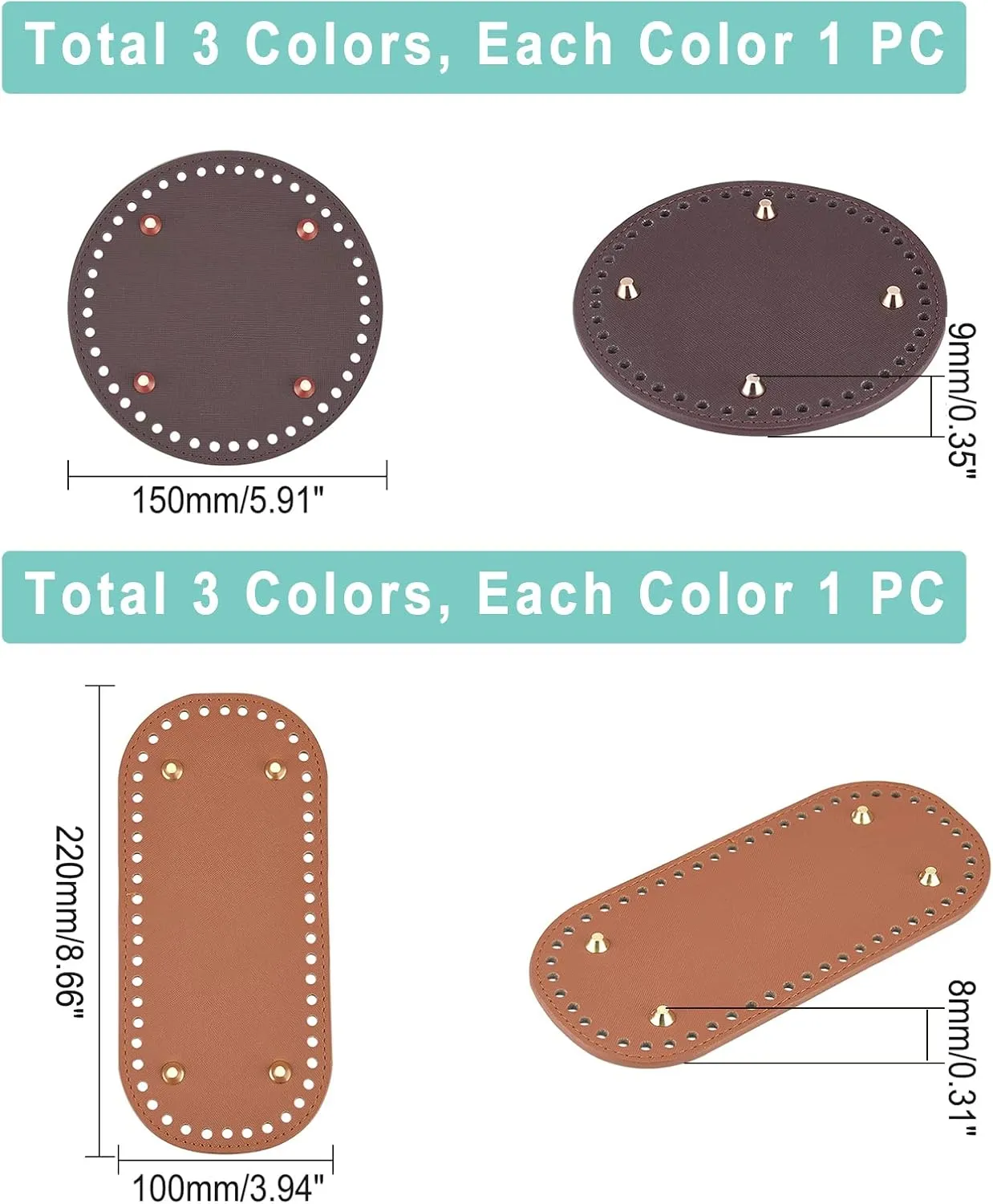 PH PandaHall 6pcs PU Leather Bag Bottom, 3 Colors 5.9" Round Bags Bottom Shaper Pad 8.6"x3.9" Oval Bag Cushion Base Bottom Shaper for DIY Knitting Crochet Bag Tote Bucket Handbag, Earthtone