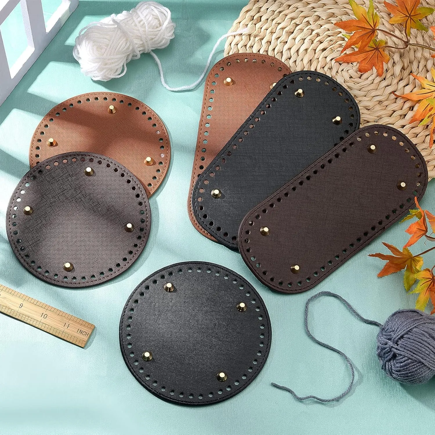 PH PandaHall 6pcs PU Leather Bag Bottom, 3 Colors 5.9" Round Bags Bottom Shaper Pad 8.6"x3.9" Oval Bag Cushion Base Bottom Shaper for DIY Knitting Crochet Bag Tote Bucket Handbag, Earthtone