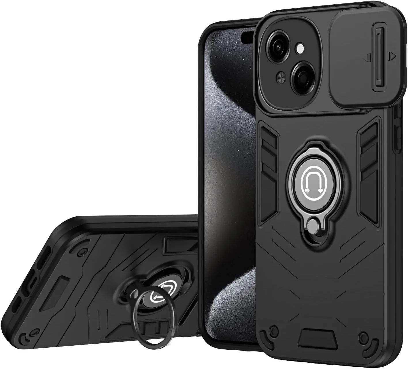 Phone Case Compatible with Tecno Spark Go 1 Case with Kickstand & Slide Camera Cover, Shockproof Military-Grade Case Rugged Protective Cover Compatible with Tecno Spark Go 1 Phone(Black)