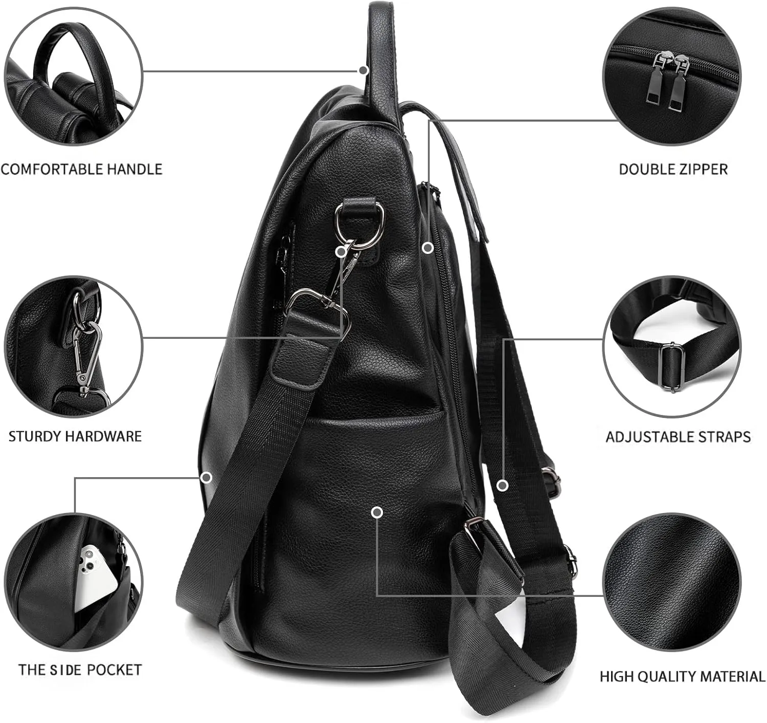 PINCNEL Women Backpack Purse Waterproof Nylon Anti-theft Rucksack Lightweight Shoulder Bag, Medium, Black