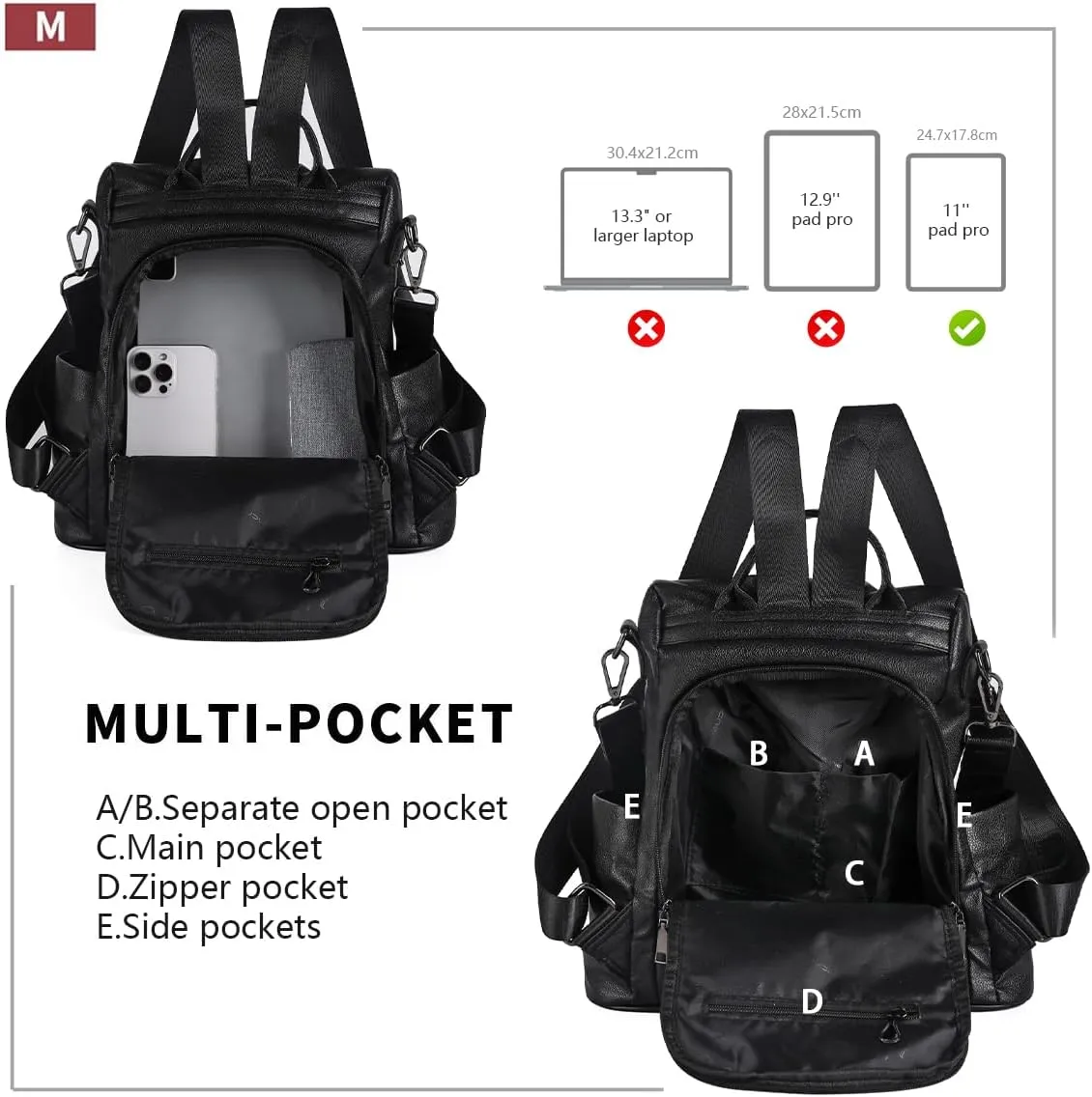 PINCNEL Women Backpack Purse Waterproof Nylon Anti-theft Rucksack Lightweight Shoulder Bag, Medium, Black