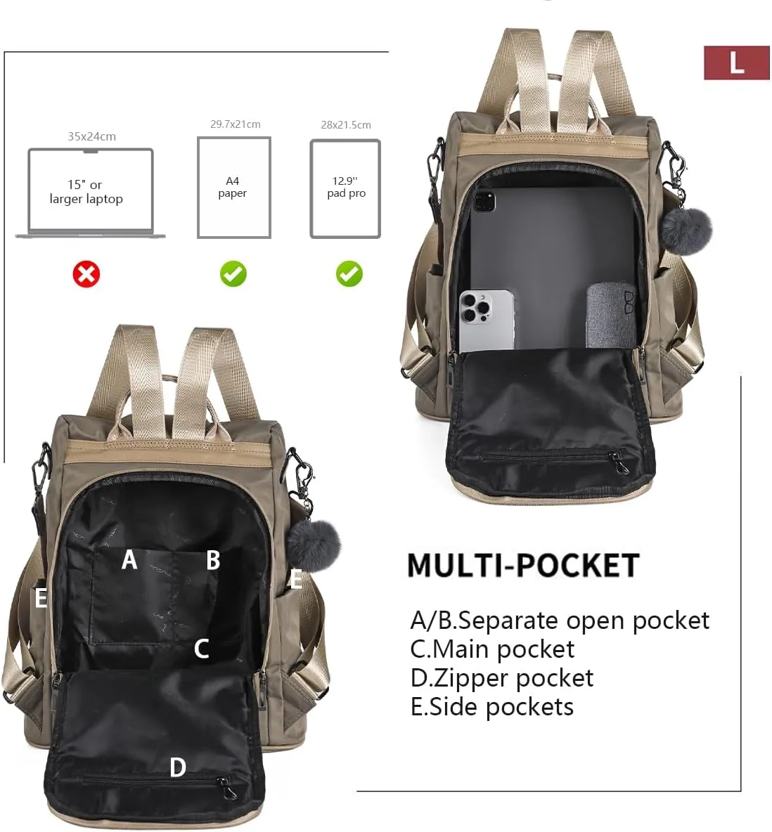 PINCNEL Women Backpack Purse Waterproof Nylon Anti-theft Rucksack Lightweight Shoulder Bag