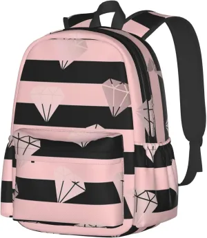 Pink Black Stripe Pink Diamonds Laptop Commuter Backpack Shoulder Bag Casual Back Pack Daypack Bags With Side Pockets For Work Travel Daily Use