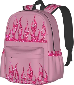 Pink Glitter Flames Laptop Commuter Backpack Shoulder Bag Casual Back Pack Daypack Bags With Side Pockets For Work Travel Daily Use