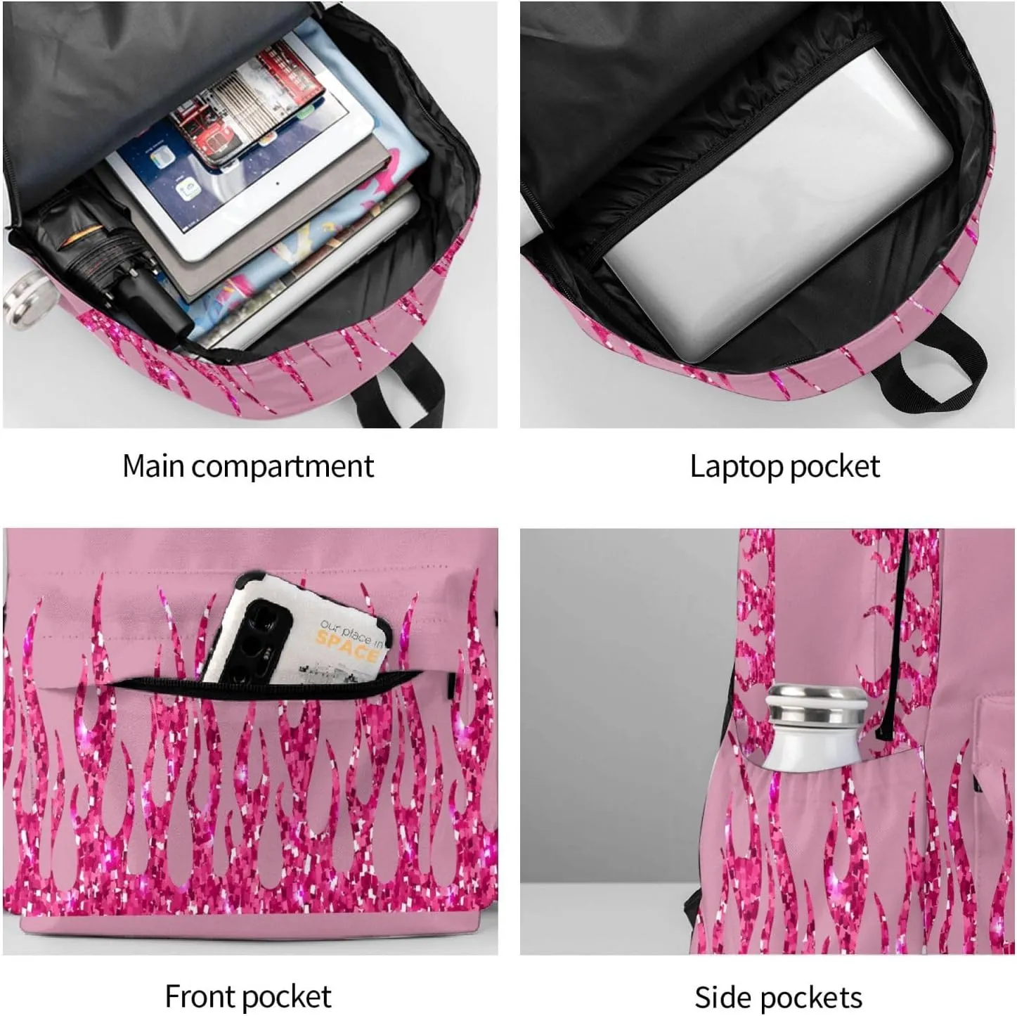 Pink Glitter Flames Laptop Commuter Backpack Shoulder Bag Casual Back Pack Daypack Bags With Side Pockets For Work Travel Daily Use