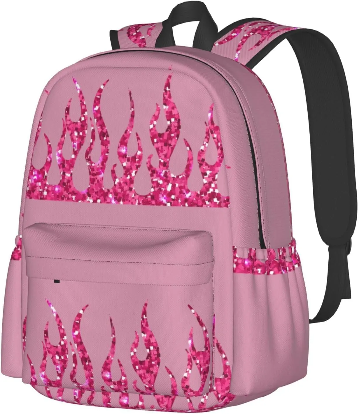 Pink Glitter Flames Laptop Commuter Backpack Shoulder Bag Casual Back Pack Daypack Bags With Side Pockets For Work Travel Daily Use