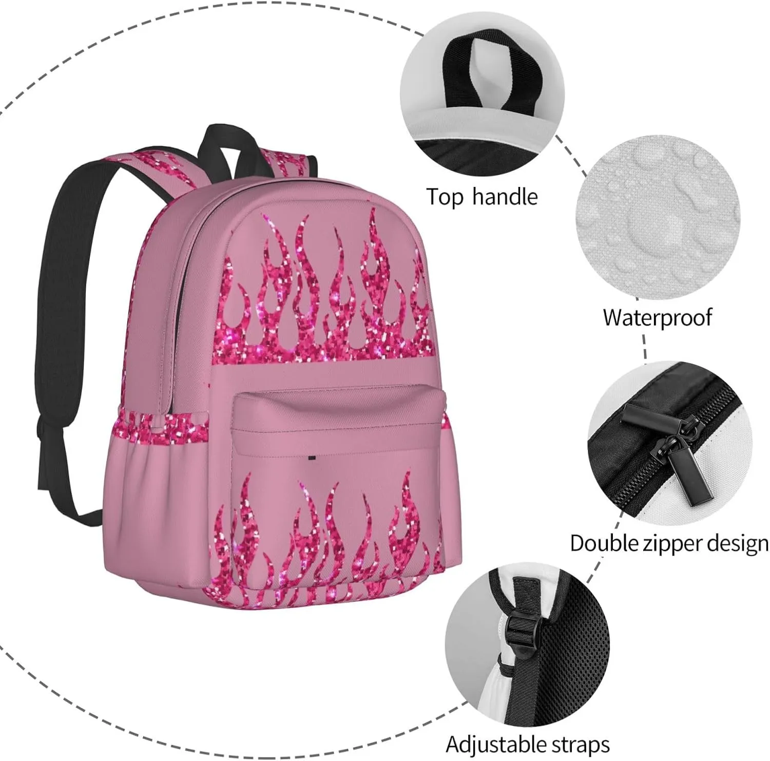 Pink Glitter Flames Laptop Commuter Backpack Shoulder Bag Casual Back Pack Daypack Bags With Side Pockets For Work Travel Daily Use