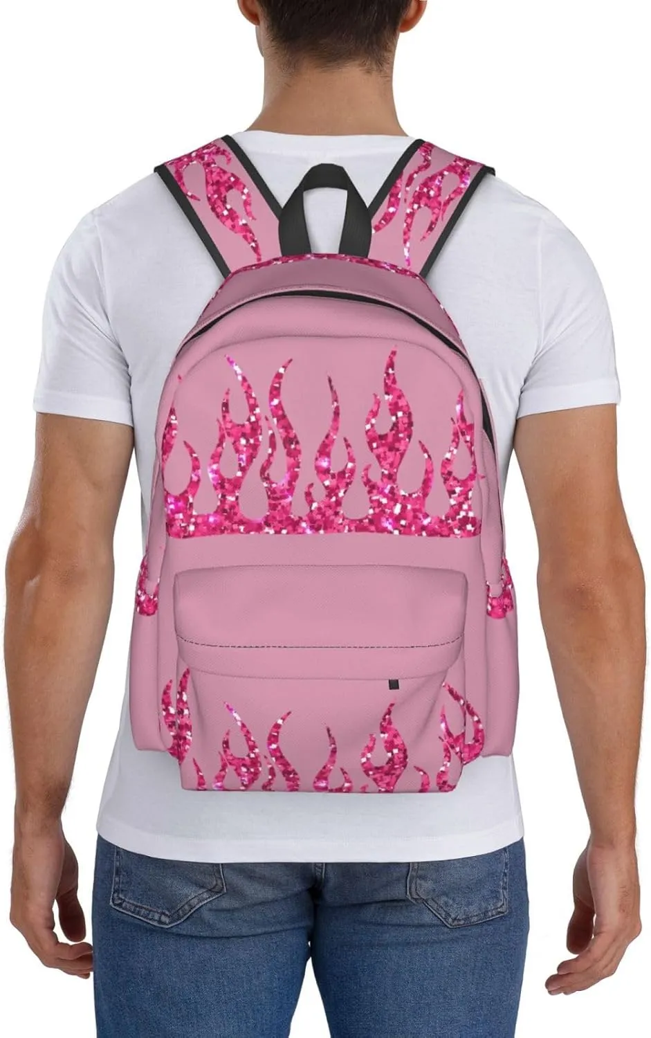Pink Glitter Flames Laptop Commuter Backpack Shoulder Bag Casual Back Pack Daypack Bags With Side Pockets For Work Travel Daily Use