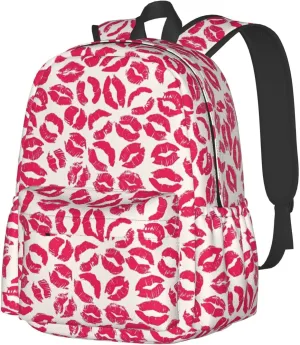 Pink Nice Lip Imprint Laptop Commuter Backpack Shoulder Bag Casual Back Pack Daypack Bags With Side Pockets For Work Travel Daily Use