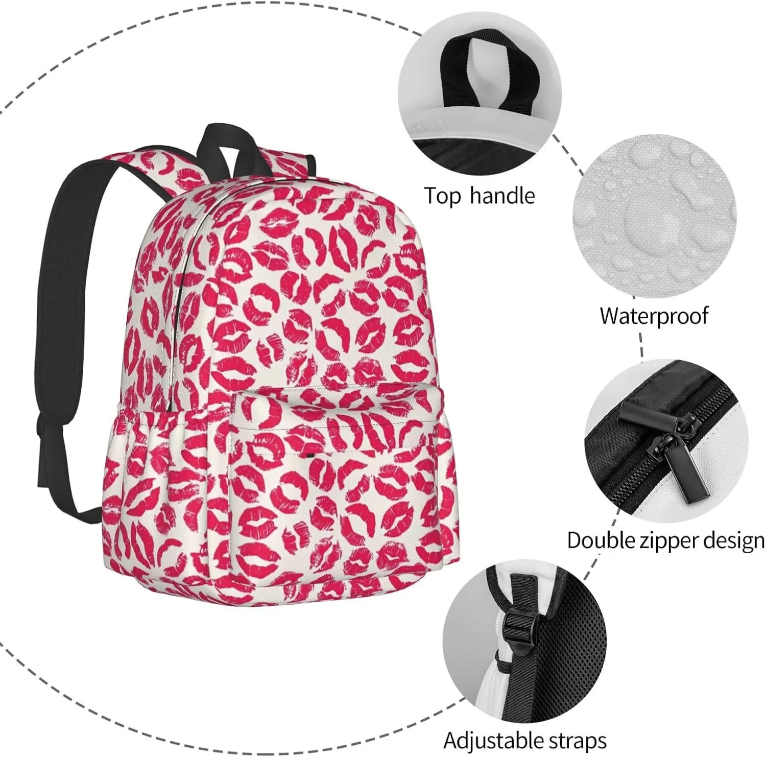 Pink Nice Lip Imprint Laptop Commuter Backpack Shoulder Bag Casual Back Pack Daypack Bags With Side Pockets For Work Travel Daily Use
