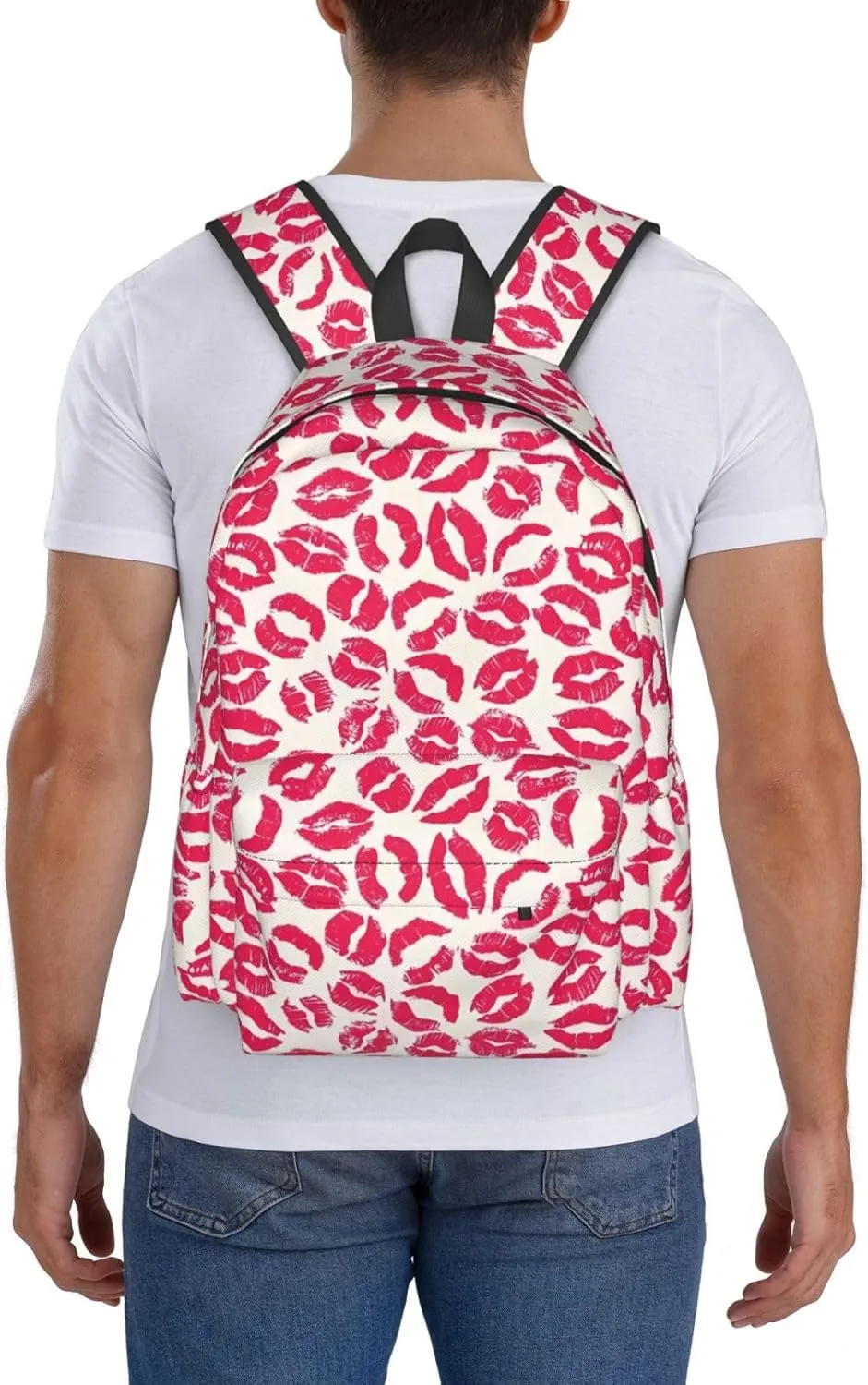 Pink Nice Lip Imprint Laptop Commuter Backpack Shoulder Bag Casual Back Pack Daypack Bags With Side Pockets For Work Travel Daily Use