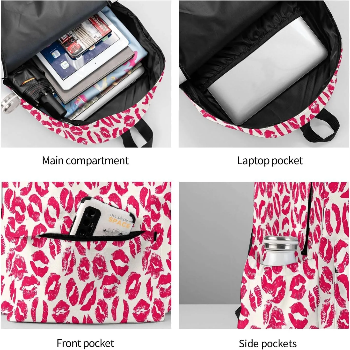 Pink Nice Lip Imprint Laptop Commuter Backpack Shoulder Bag Casual Back Pack Daypack Bags With Side Pockets For Work Travel Daily Use