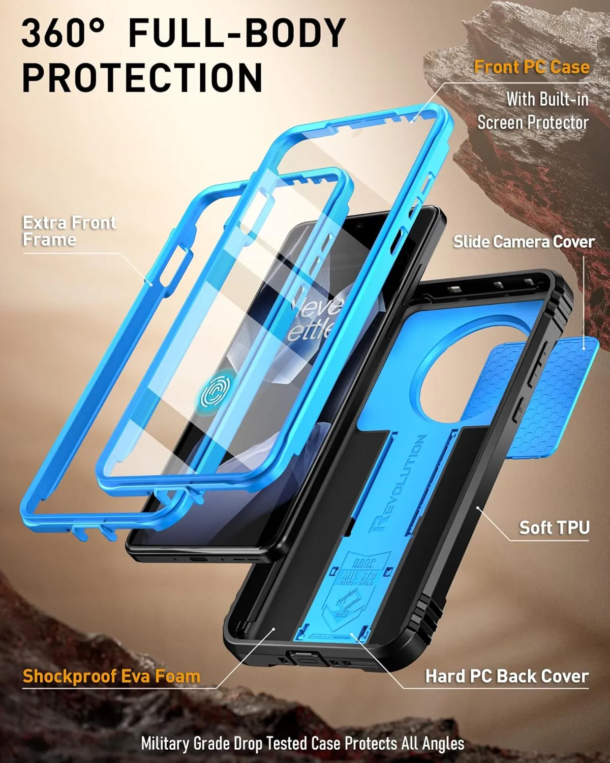 Poetic Revolution Case for OnePlus 13 5G, [Slide Camera Cover]，Built-in Screen Protector [Work with Fingerprint ID], [2 Front Frame] Full Body Rugged Shockproof Protective Case with Kickstand, Blue