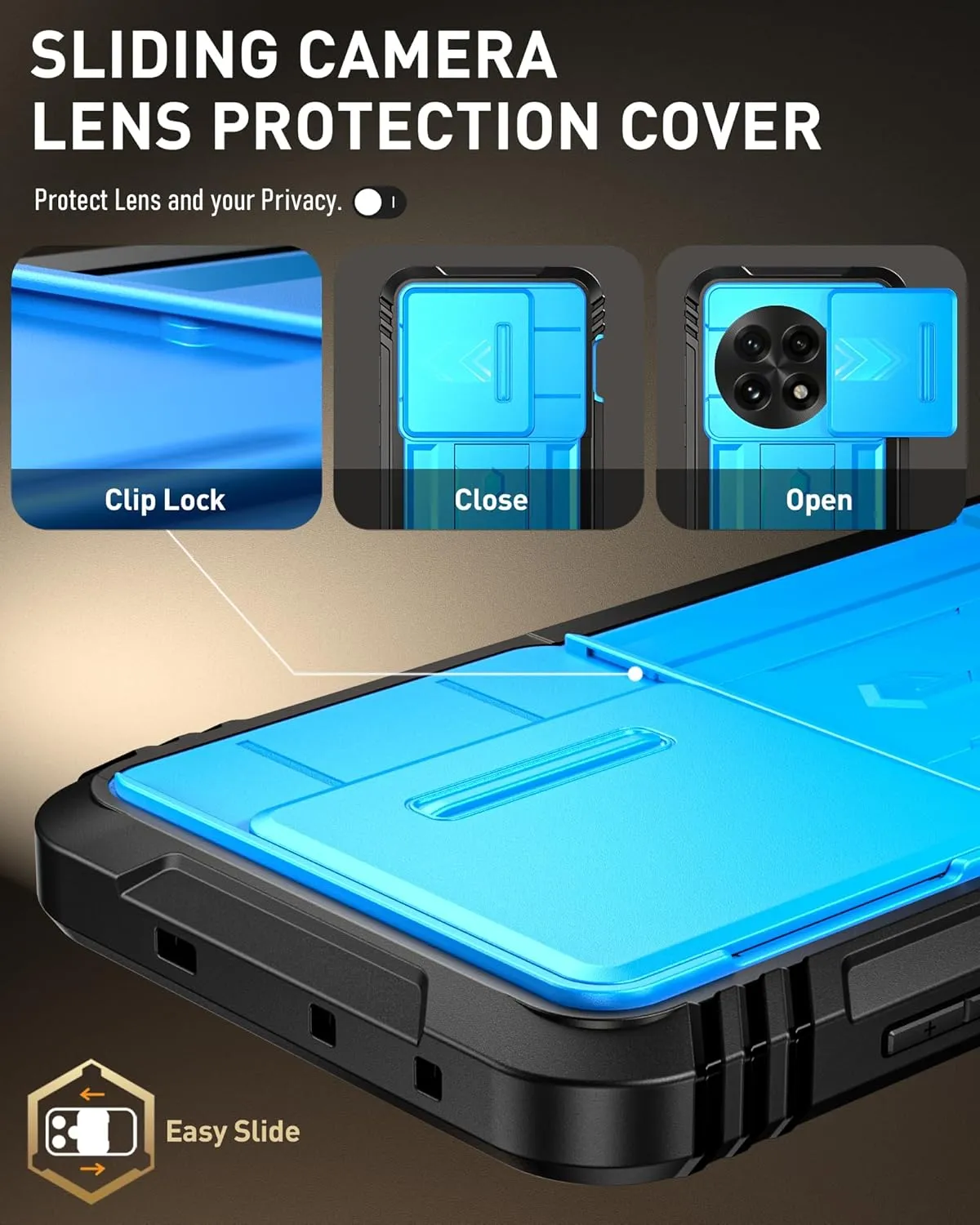 Poetic Revolution Case for OnePlus 13 5G, [Slide Camera Cover]，Built-in Screen Protector [Work with Fingerprint ID], [2 Front Frame] Full Body Rugged Shockproof Protective Case with Kickstand, Blue