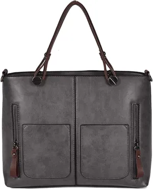 PORRASSO Vintage Handbag Women Shoulder Bag Large Top-Handle Bags PU Leather Crossbody Bag for Shopping Business Work Grey