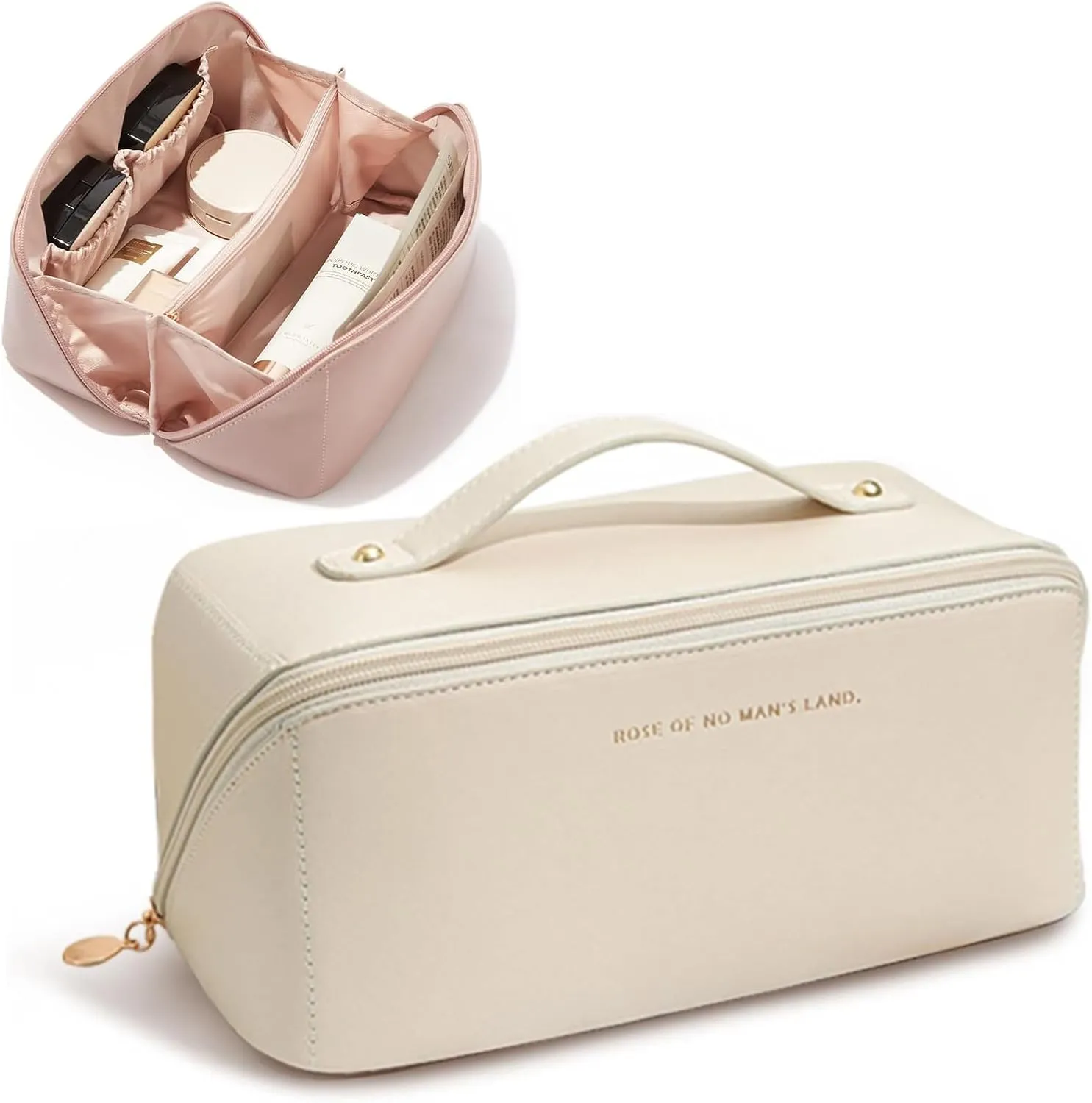 Portable Make Up Bag, Large Capacity Travel Cosmetic Bag, PU Leather Double-layered, Waterproof Portable Leather Makeup Organizer Bag for Skin Care Kits Cosmetics Toiletries (White)
