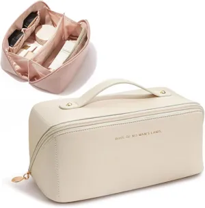 Portable Make Up Bag, Large Capacity Travel Cosmetic Bag, PU Leather Double-layered, Waterproof Portable Leather Makeup Organizer Bag for Skin Care Kits Cosmetics Toiletries (White)