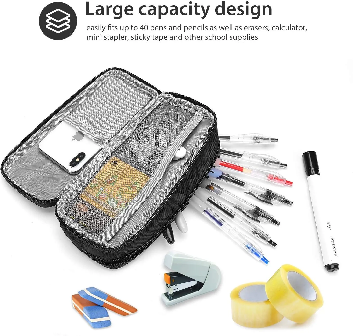 ProCase Pencil Case Pen Bag, Two Layers Big Capacity Pencil Pouch Pen Organizer Durable Stationery Holder for Marker Organization School Supplies Office Storage Desk Organizing