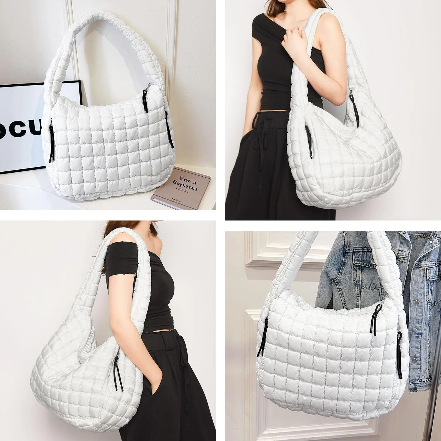 Puffer Tote, Quilted Puffer Hobo Bag, Lightweight Puffy Quilted Shoulder Bag for Work, Gym, Travel
