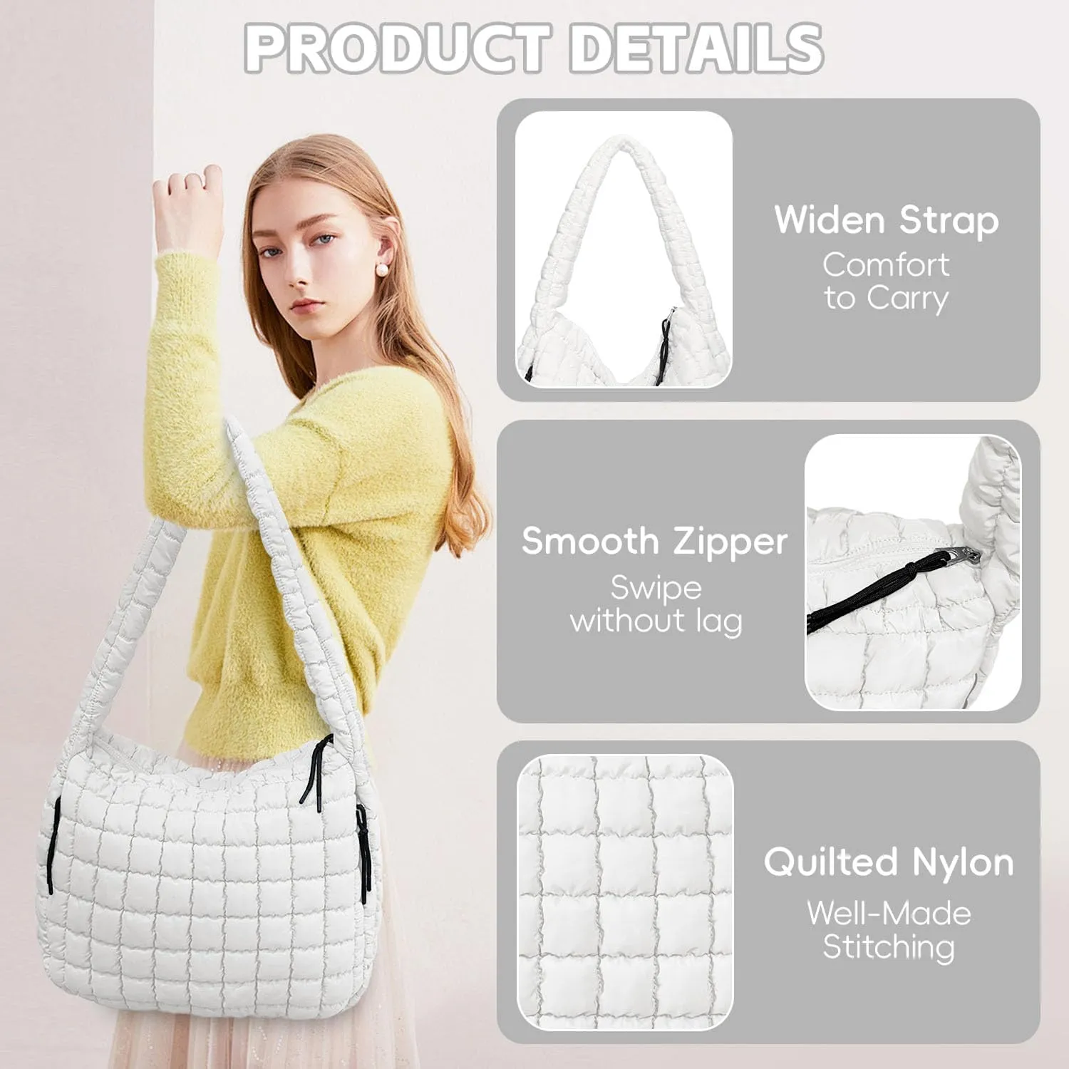 Puffer Tote, Quilted Puffer Hobo Bag, Lightweight Puffy Quilted Shoulder Bag for Work, Gym, Travel