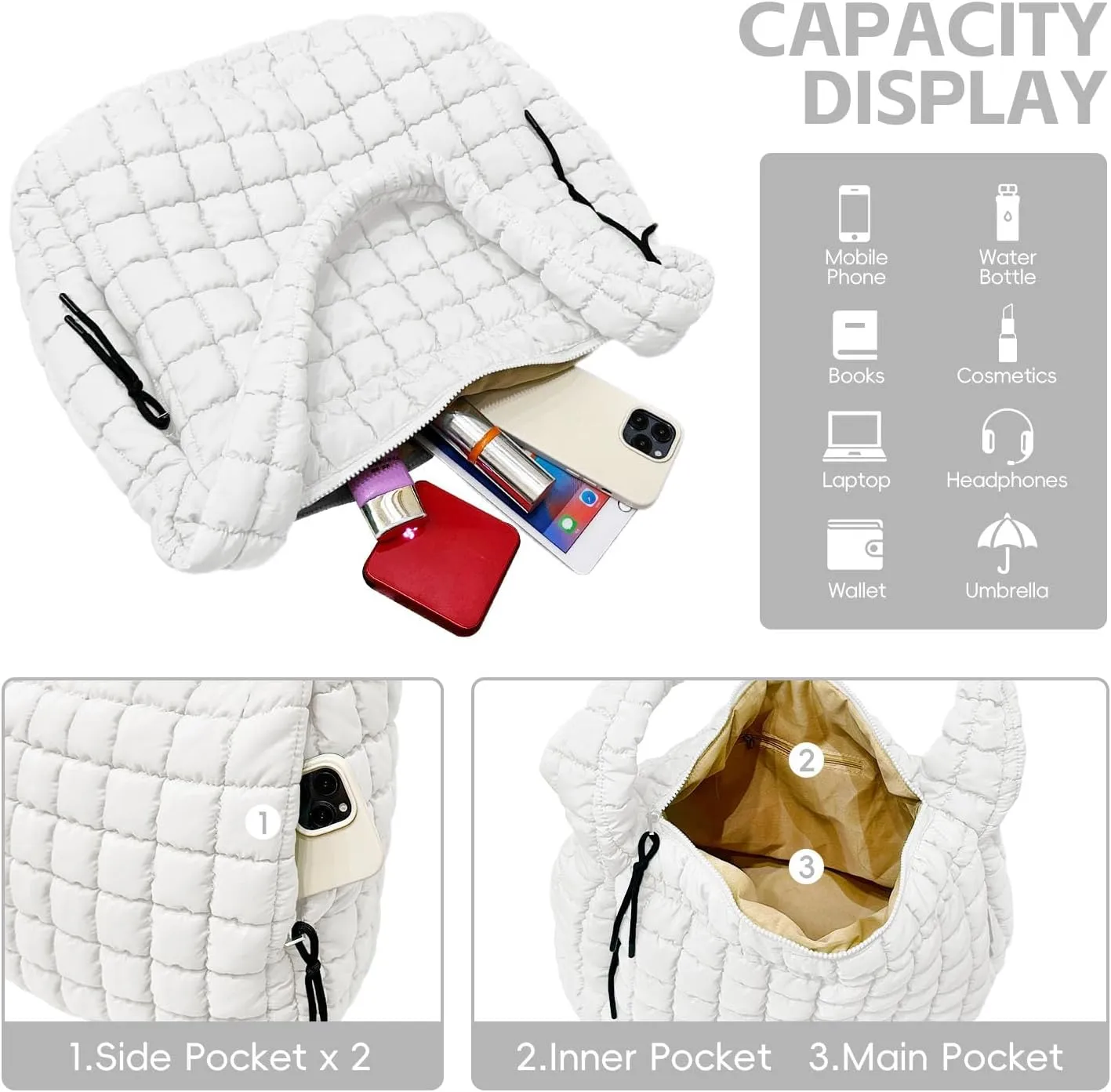 Puffer Tote, Quilted Puffer Hobo Bag, Lightweight Puffy Quilted Shoulder Bag for Work, Gym, Travel