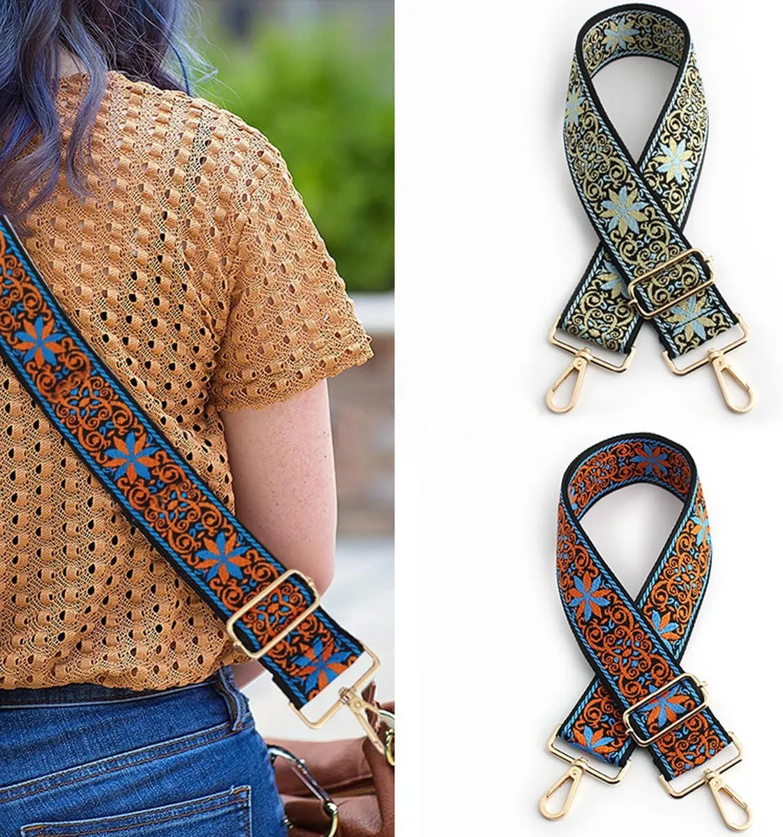Purse Strap Star Flower Pattern Trendy Bag Strap Replacement Adjustable Jacquard Belt for Purse Crossbody Guitar CameraBags (Yellow Blue)