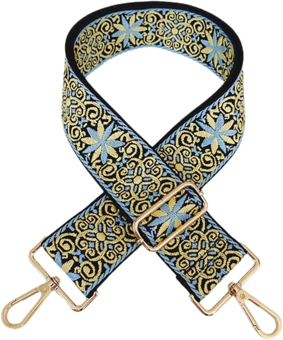 Purse Strap Star Flower Pattern Trendy Bag Strap Replacement Adjustable Jacquard Belt for Purse Crossbody Guitar CameraBags (Yellow Blue)