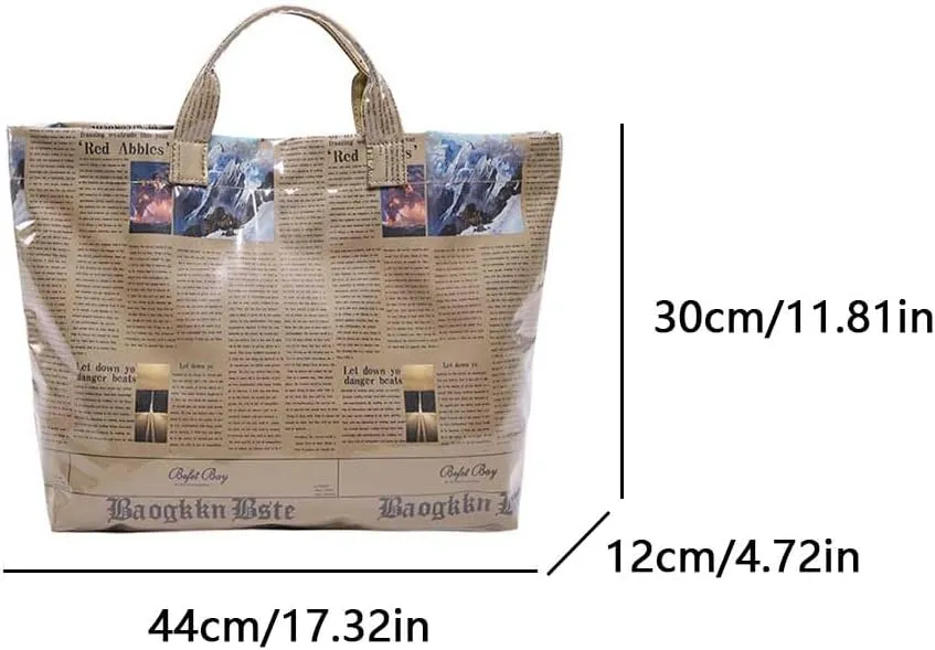 PVC Tote Bag for Women Letters Print Handbag Newspaper Pattern Kraft Paper Tote Bag for Work Hobo Handbag