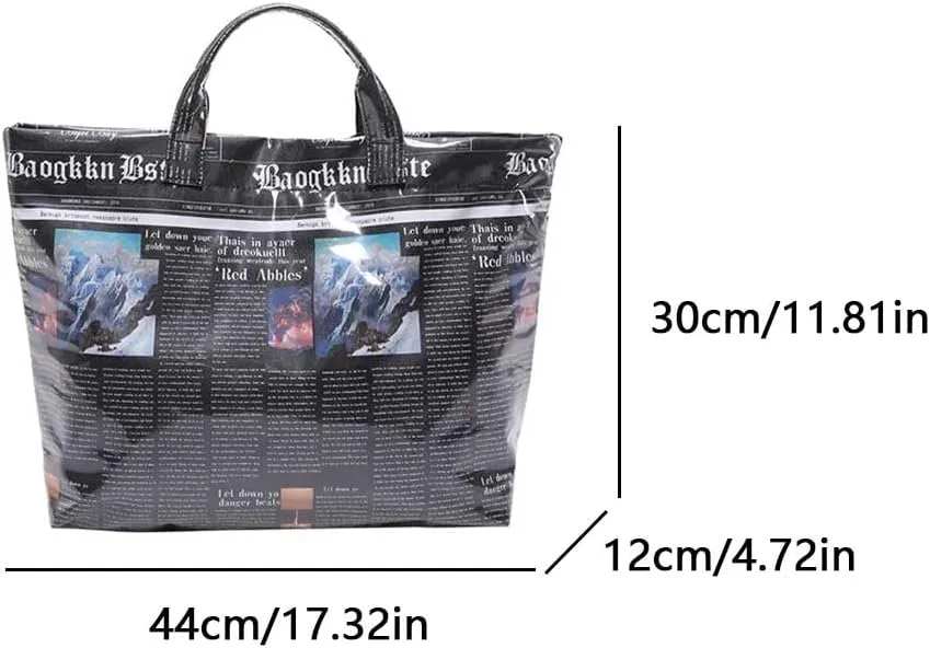 PVC Tote Bag for Women Letters Print Handbag Newspaper Pattern Kraft Paper Tote Bag for Work Hobo Handbag