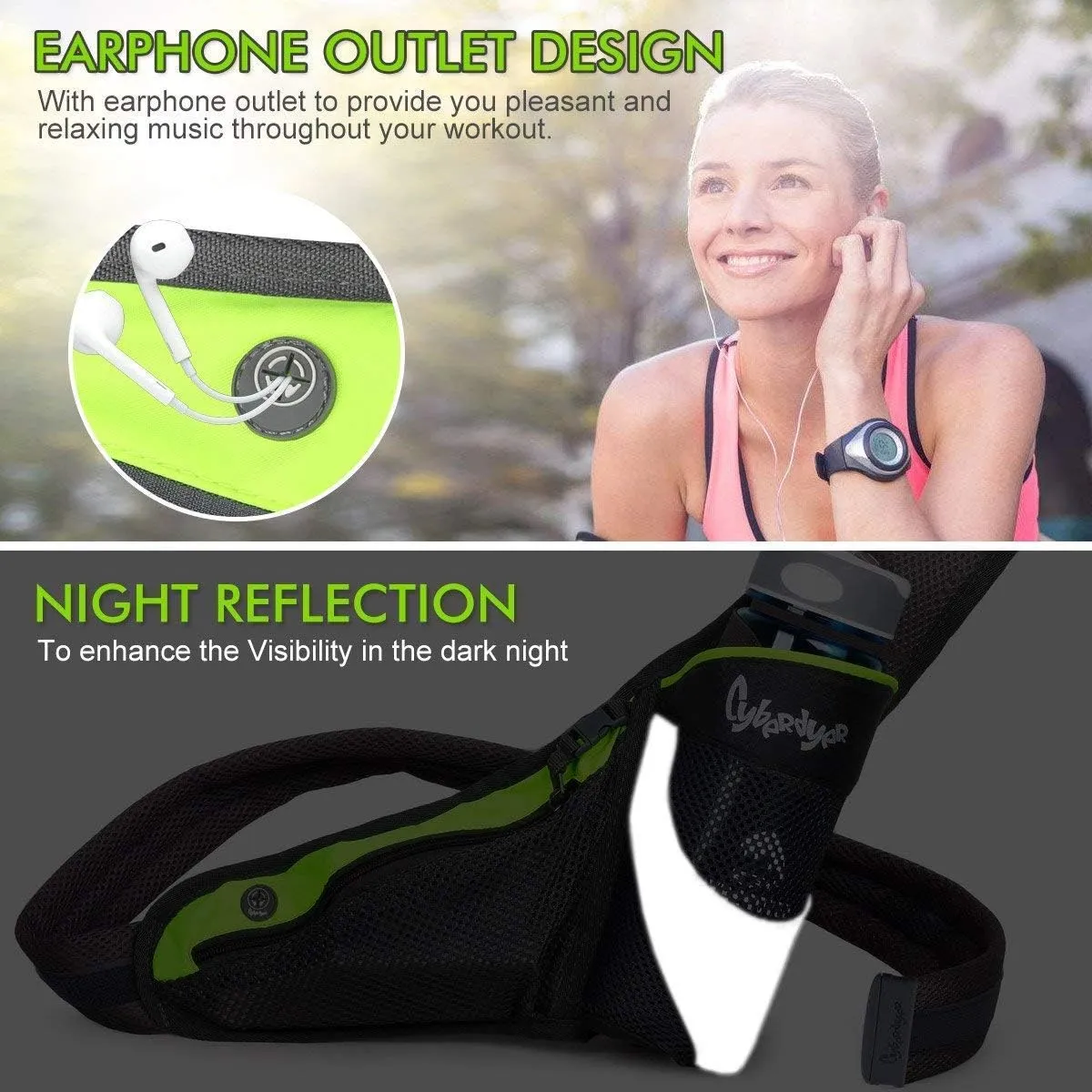 PYFK Running Belt Hydration Waist Pack with Water Bottle Holder for Men Women Waist Pouch Fanny Bag Reflective