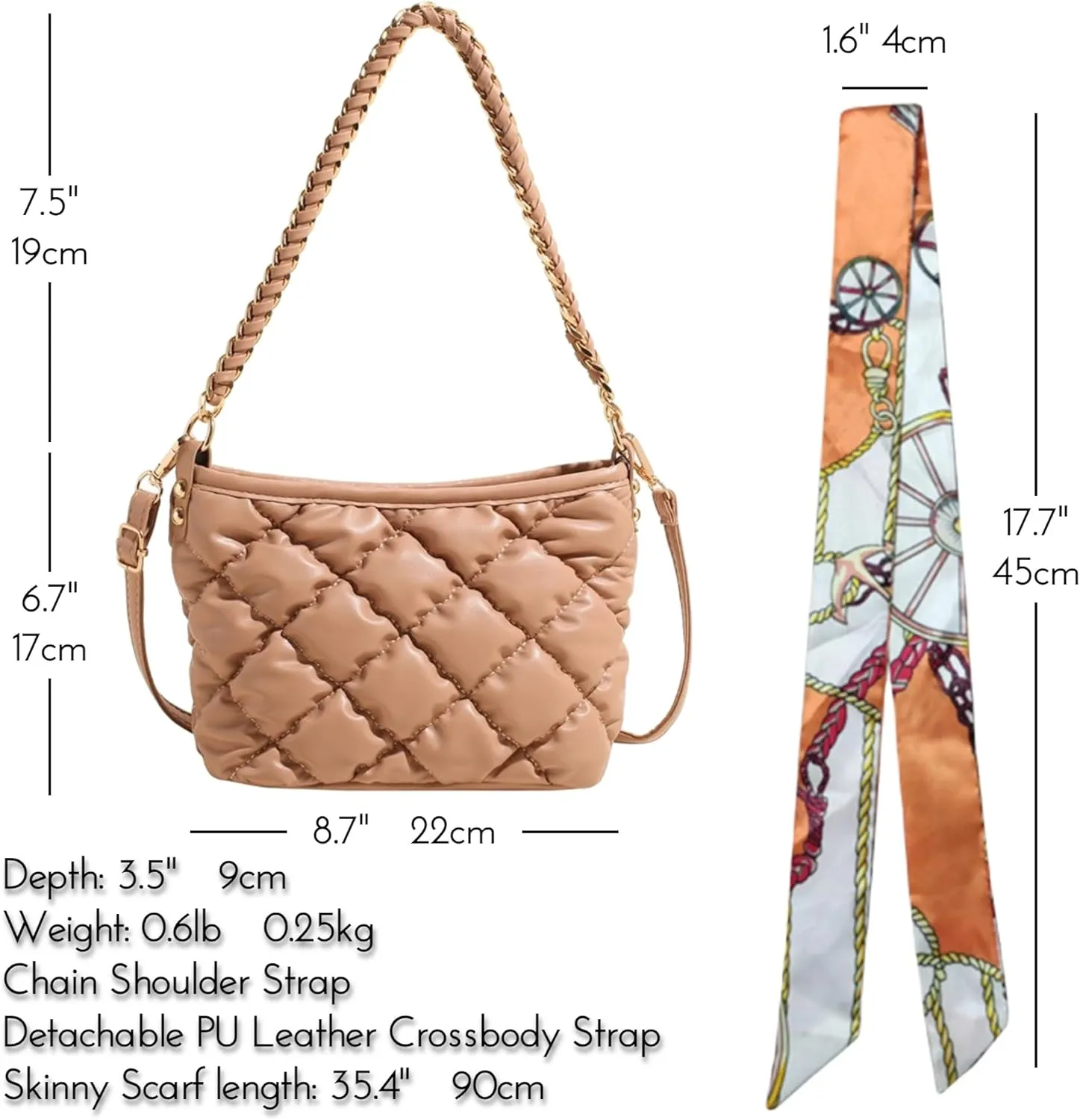Quilted Tote Puffer PU Leather Crossbody Gold Metal Chain Strap Handbag, Underarm Lightweight Soft Hobo Large Top Handle Bag