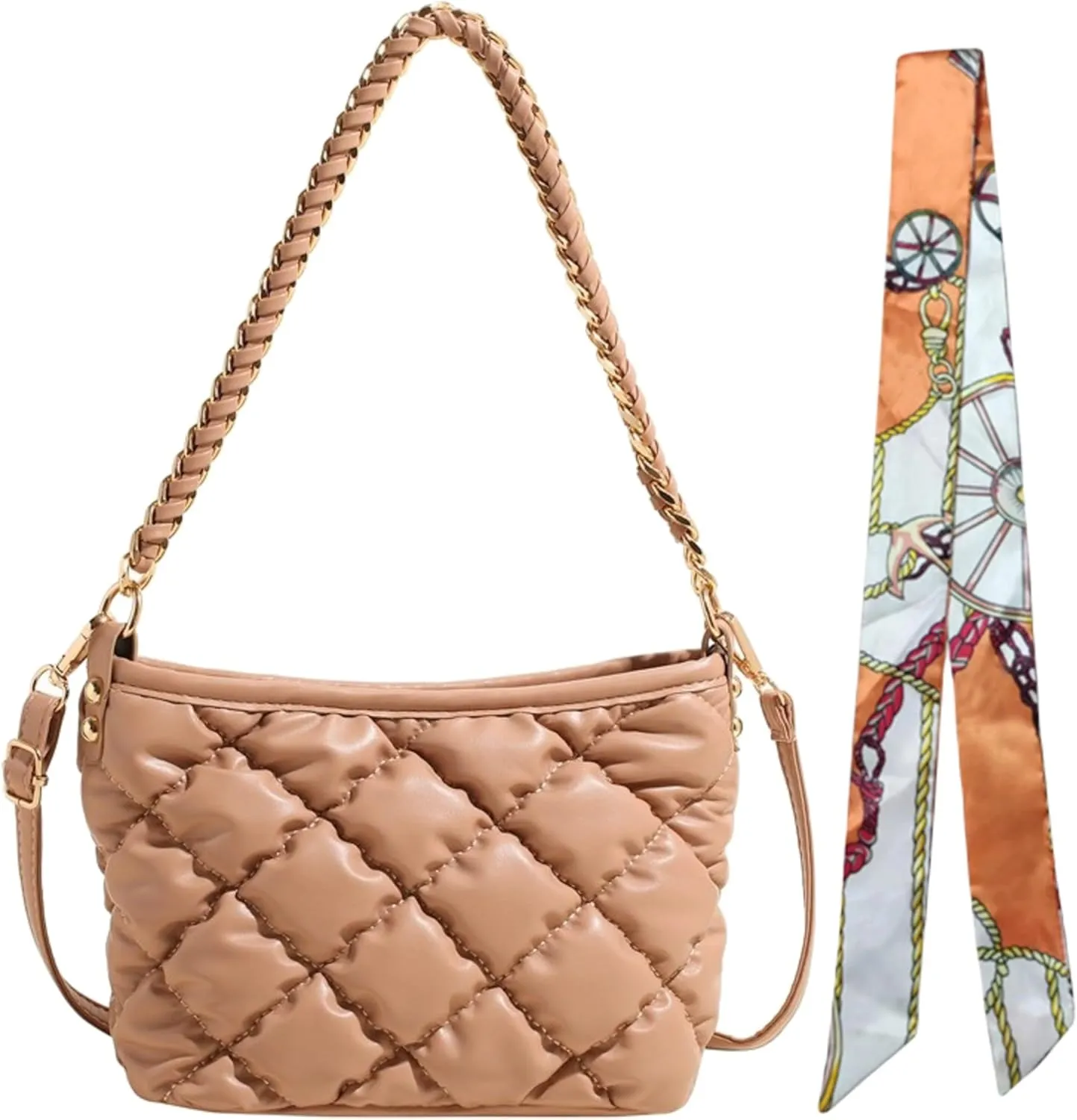 Quilted Tote Puffer PU Leather Crossbody Gold Metal Chain Strap Handbag, Underarm Lightweight Soft Hobo Large Top Handle Bag